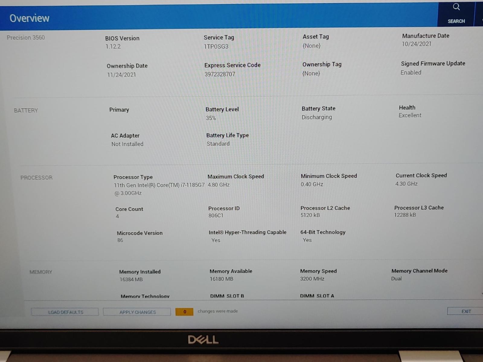 Dell Precision 3560 15.6″ Intel i7-1185G7 NVIDIA T500 *NO RAM/NO SSD/NO AC***