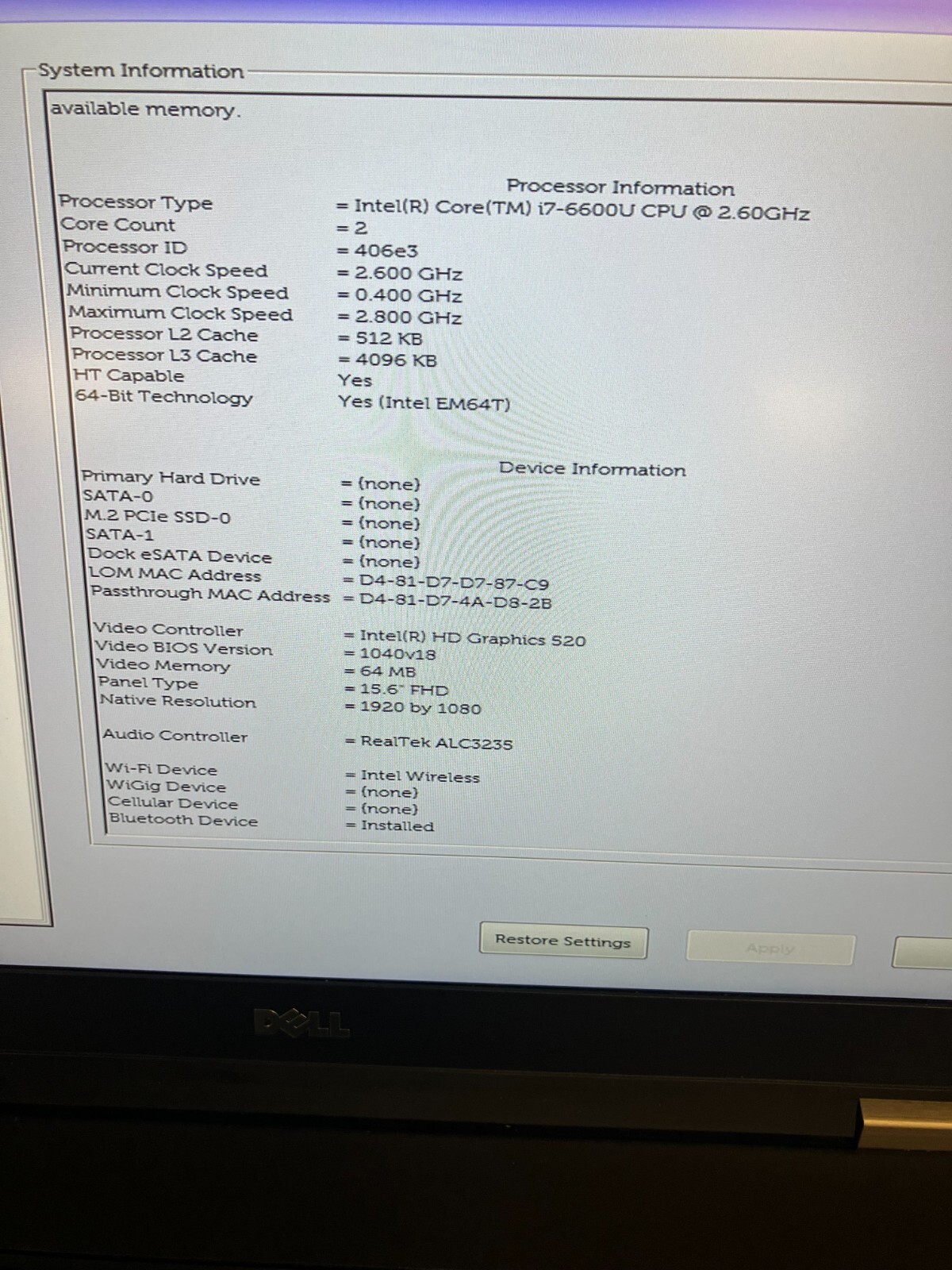 Dell Latitude E5570 Intel i7-6600U 2.60GHz NO RAM/HD/ FOR PARTS