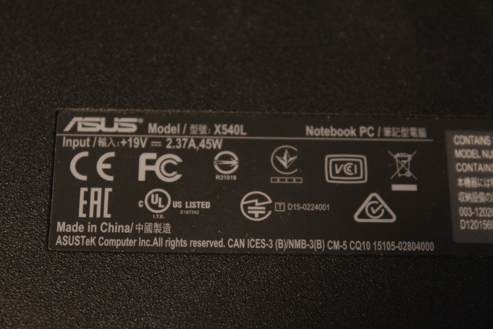 Asus Notebook X540L For Parts Bios No HDD 4GB Ram i3-5020U@2.20GHz CPU