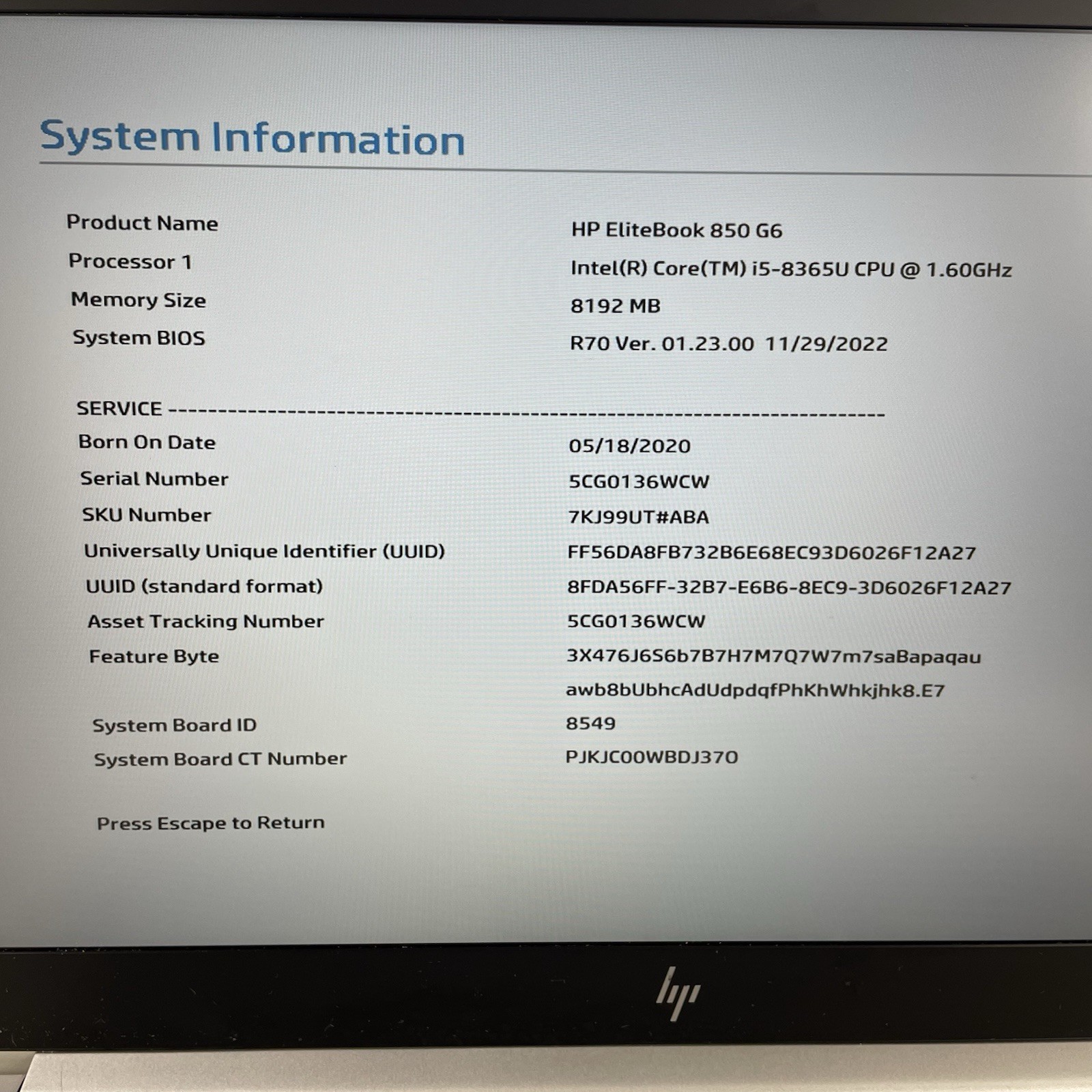 HP EliteBook 850 G6 15.6″ i5-8365U 1.60 GHZ 8 GB RAM No SSD/OS/AC/Batt – CMOS