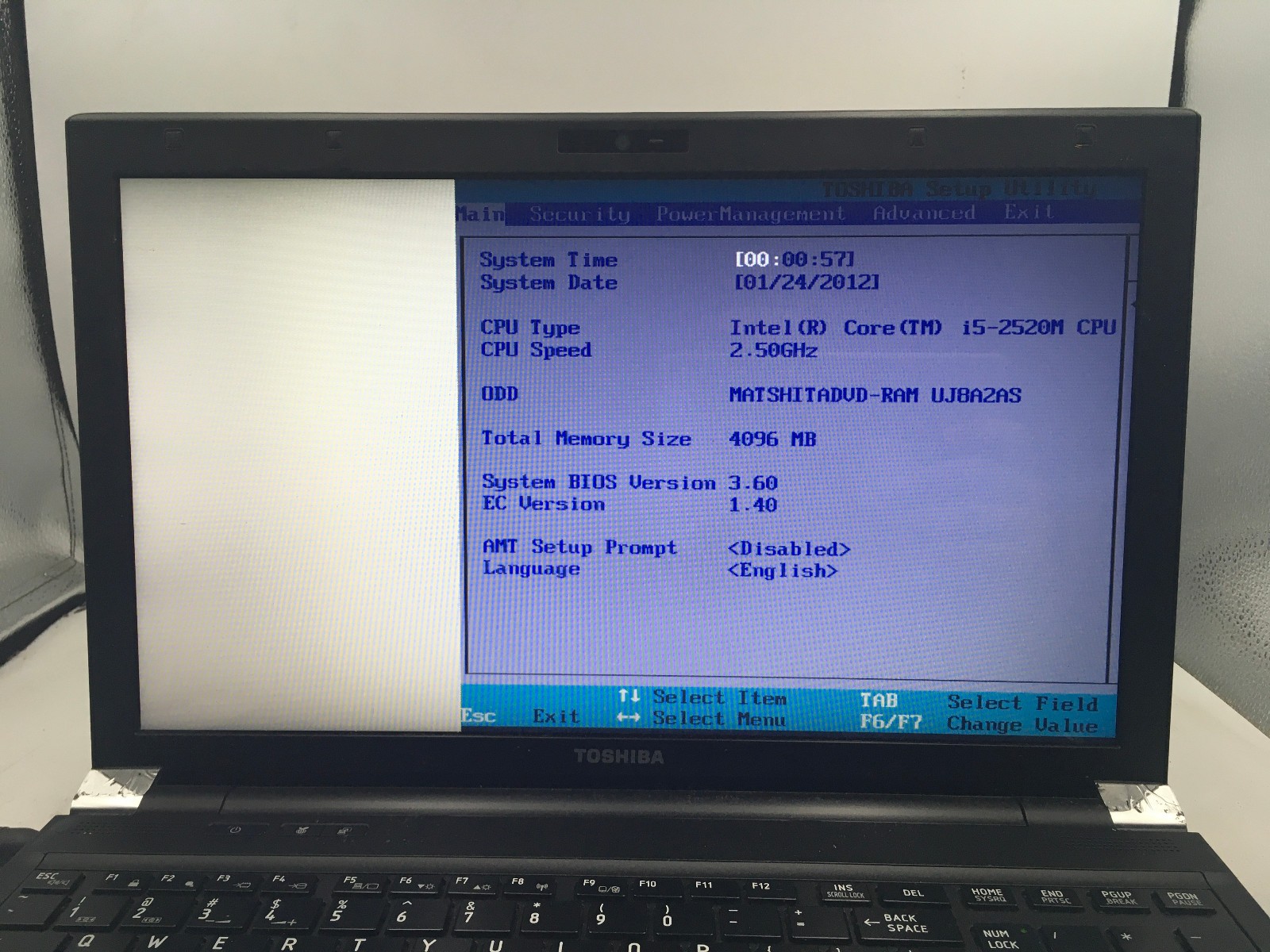 TOSHIBA TECRA R850 S8529 – BOOTS TO BIOS/BAD LCD – INTEL I5 2520M – 4GB RAM – BB