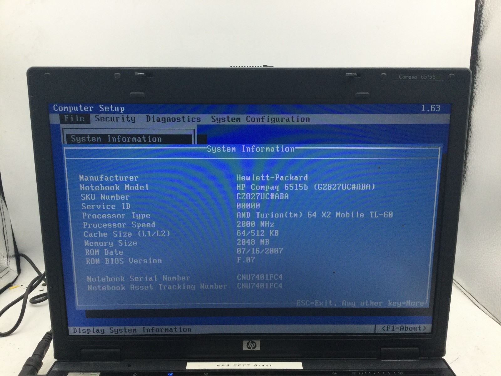 HP PROBOOK 6515B – BOOTS TO BIOS – AMD TURION – NO RAM – 15″ – READ DESCRIP -BB