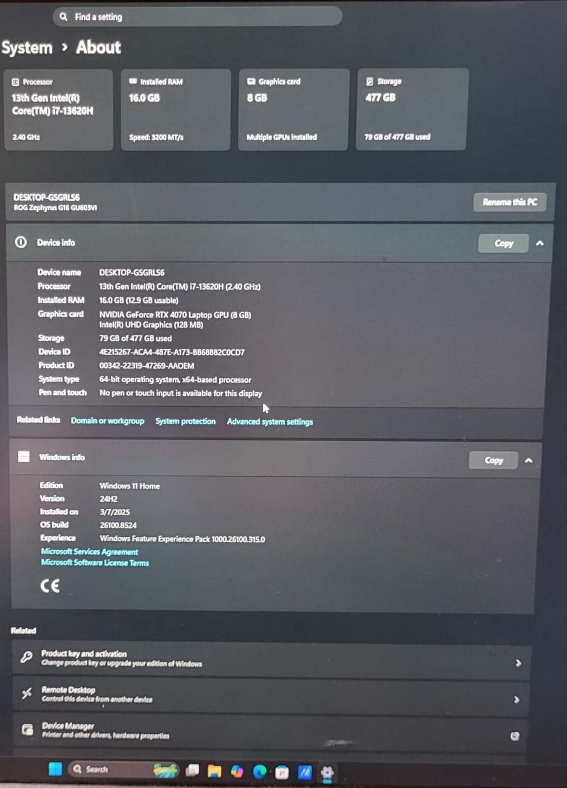 ASUS ROG Zephyrus G16 GU603VI (2024) – Intel i7-13620H | RTX 4070 8GB | 500GB SS