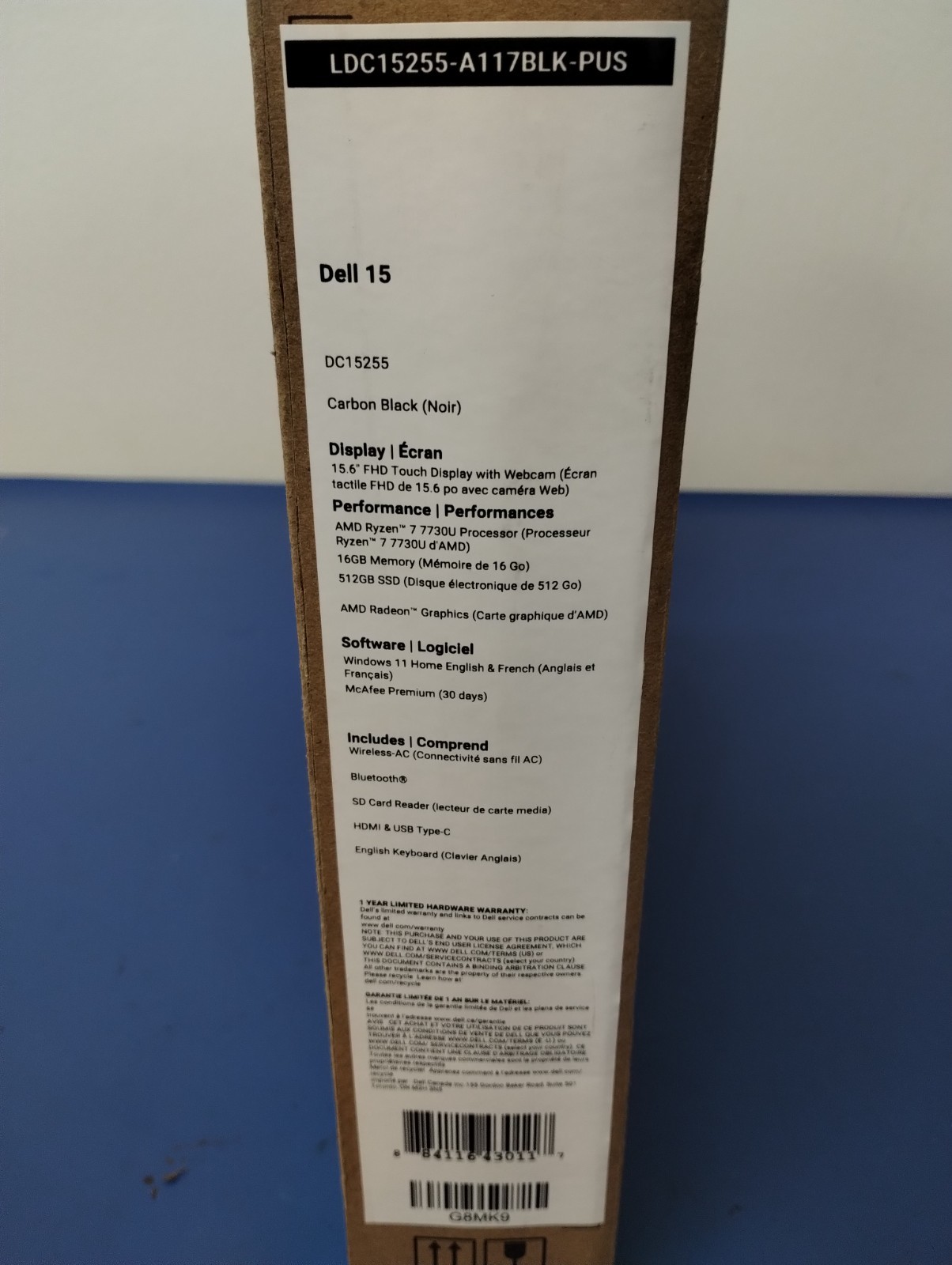 DELL 15 DC15255 G8MK9, AMD Ryzen 7 7730U, 2.00 GHz, 16 GB RAM, 512 GB NVMe