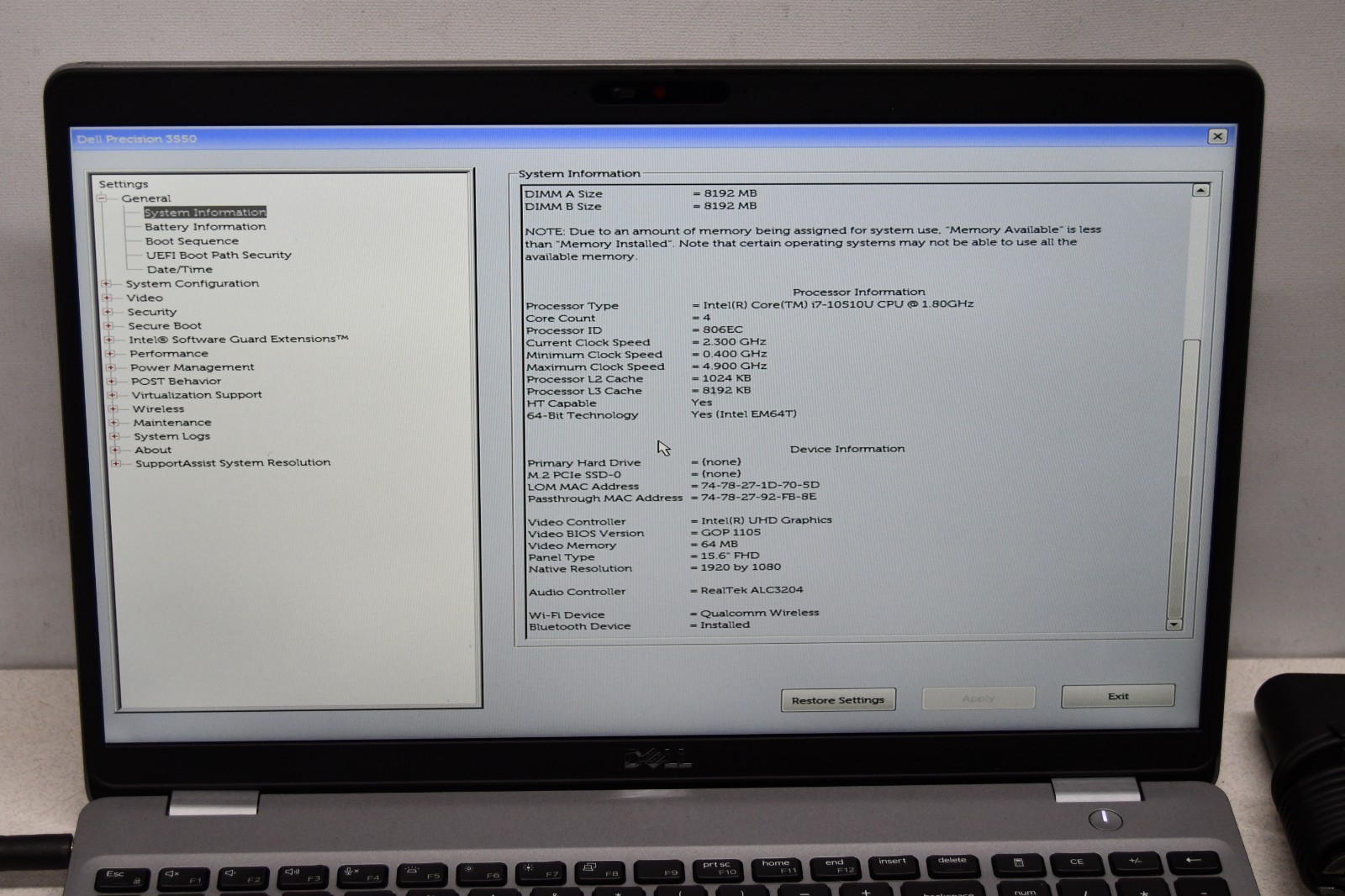 ^ Dell Precision 3550 15.6″ Intel i7-10510U @ 1.80GHz 16GB Ram No HD #X6999