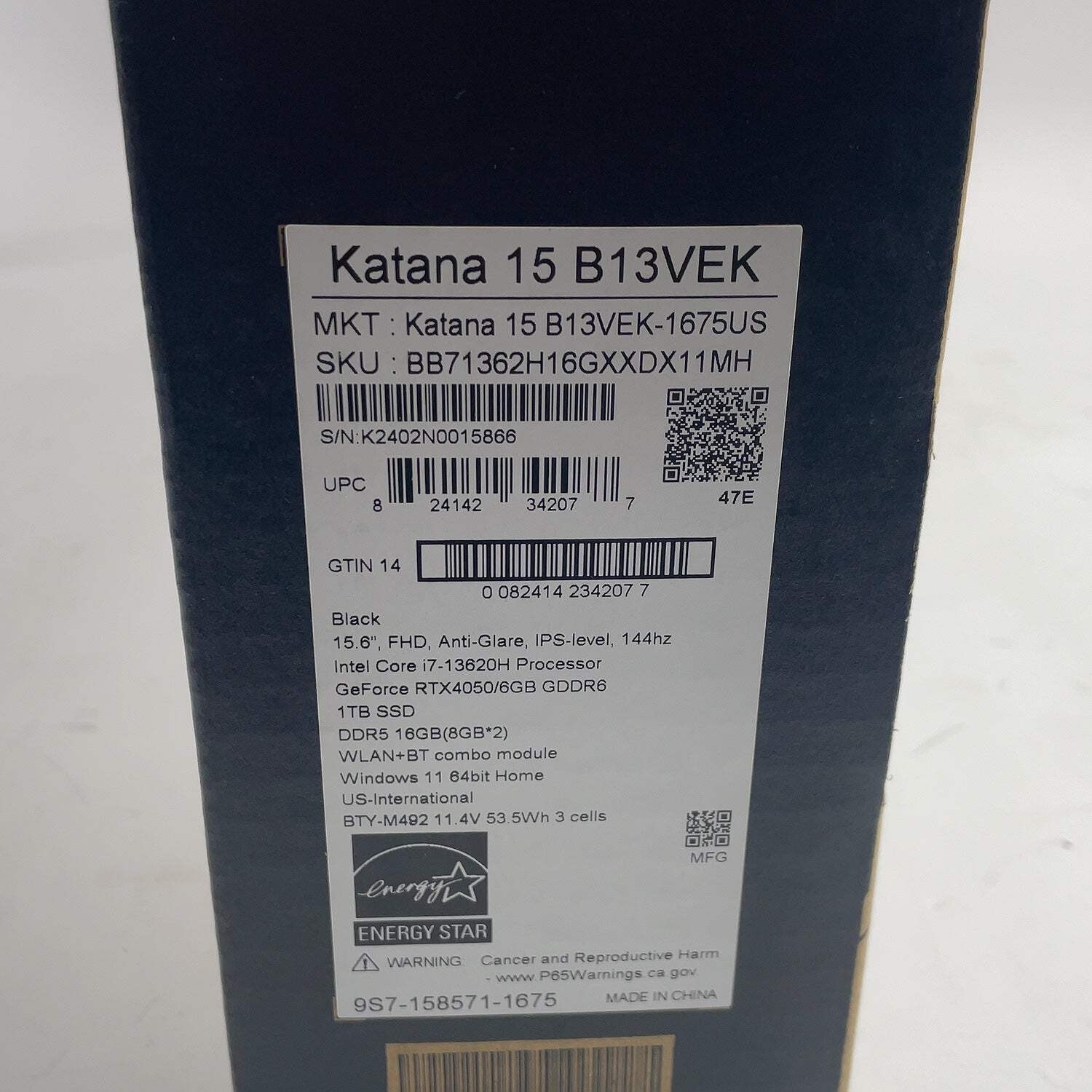 MSI Katana 15 B13V 15.6″ i7-13620H 1.8GHz 16GB RAM 1TB SSD GeForce RTX 4050