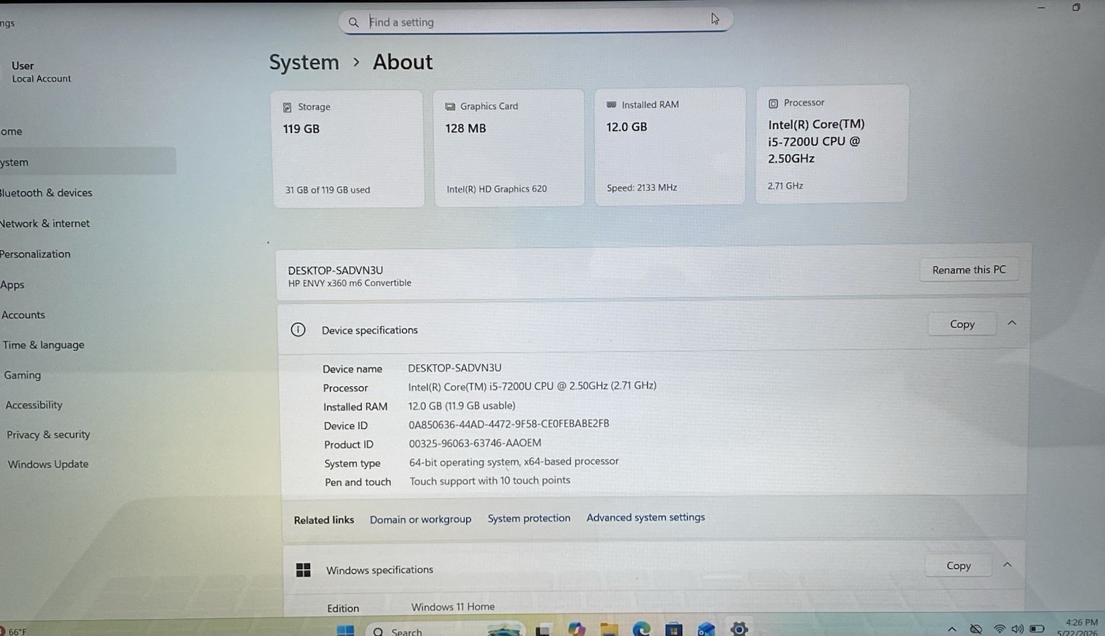 HP ENVY x360 m6 Convertible Core i5-7200U @2.5Ghz 12GB RAM 128GB SSD Win 11 Home