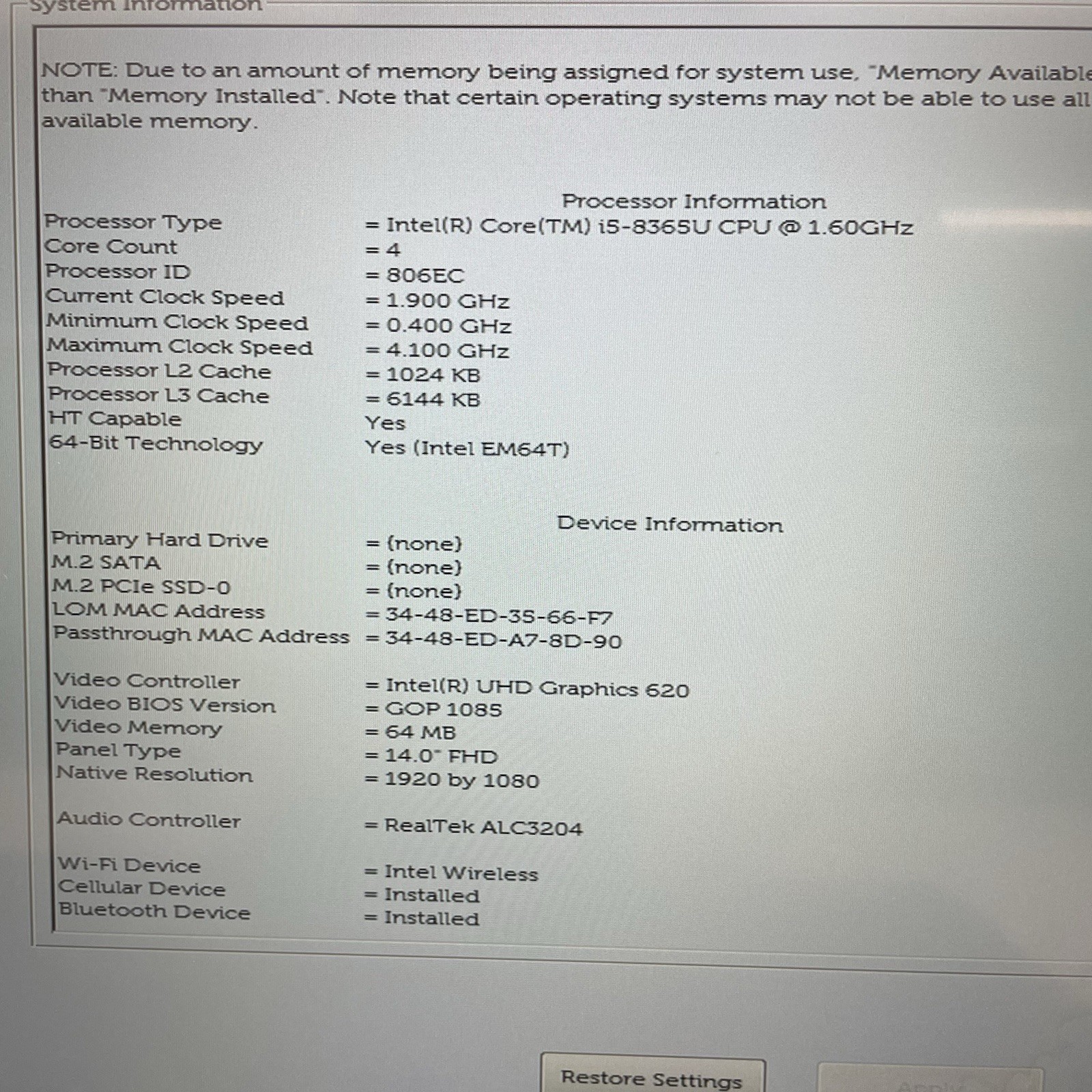 Dell Latitude 5400 14″ i5-8365U 1.60 GHz 8 GB RAM No SSD/OS/AC/Batt – READ