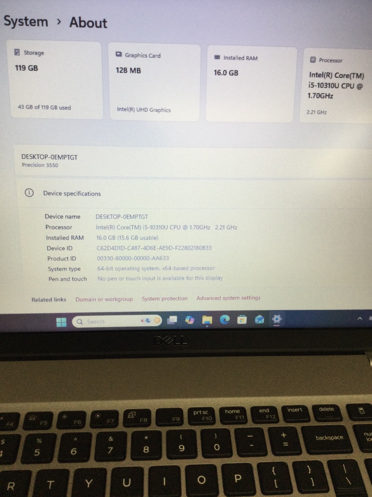Dell Precision 3550 15.6″ CORE i5-10310U 16GB Ram 128GB SSD 1.70GHZ Win 11 Pro