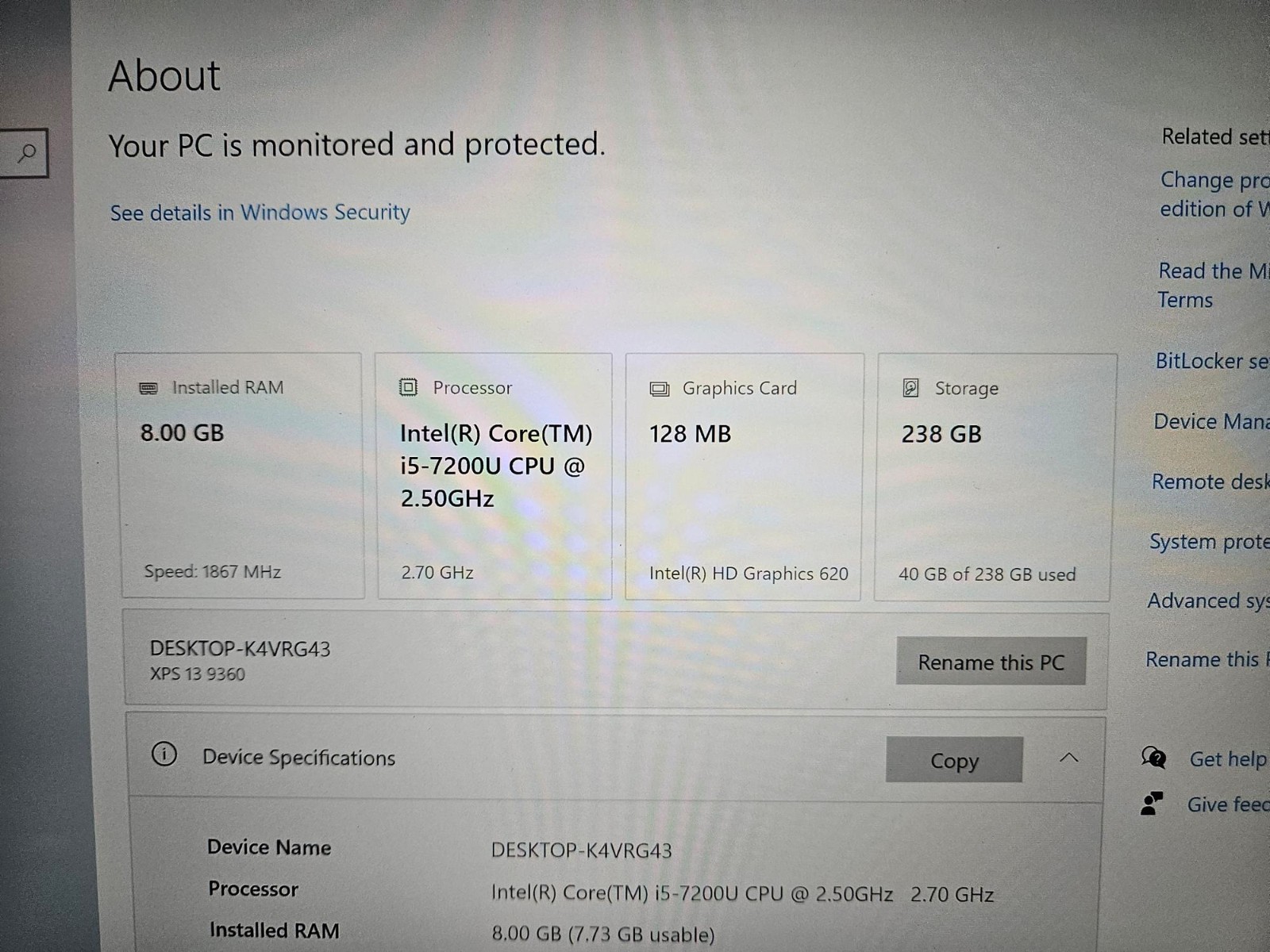 Dell XPS 13 9360, Intel Core i5-7200U @ 2.5GHz, 8GB RAM, 256GB SSD, Win 10 Pro