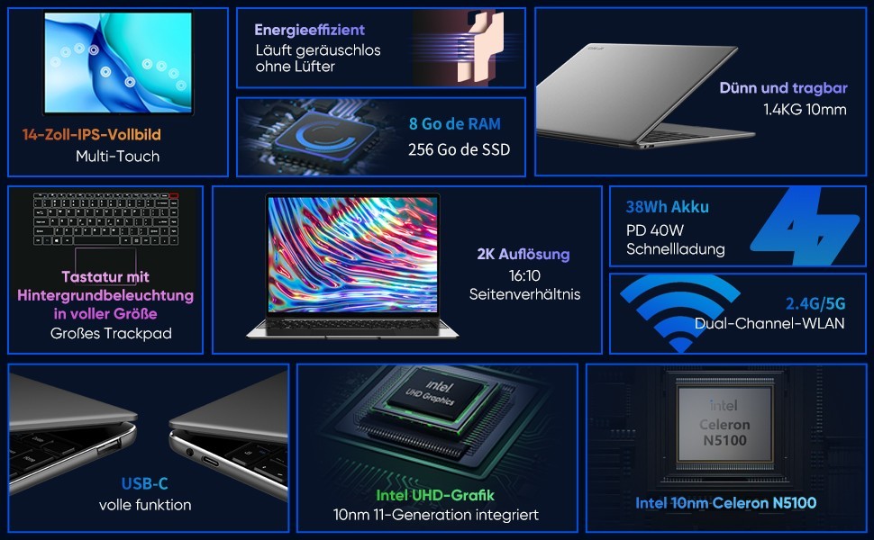 CHUWI – 14.1″ Touch-Screen Laptop – Intel Celeron N5100 – 8GB Memory – 256GB SSD