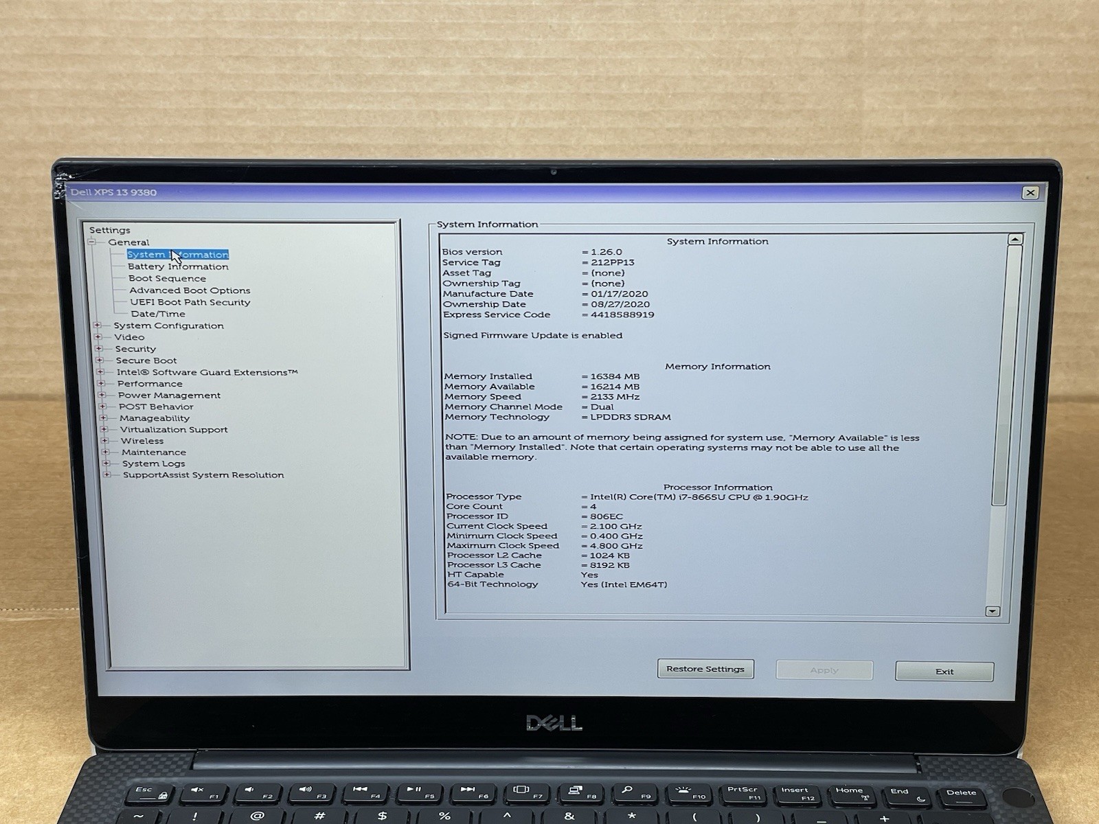 Dell XPS 13 9380, Intel Core i7-8665U @ 1.90GHz, 16GB RAM, NO SSD, No OS *READ*