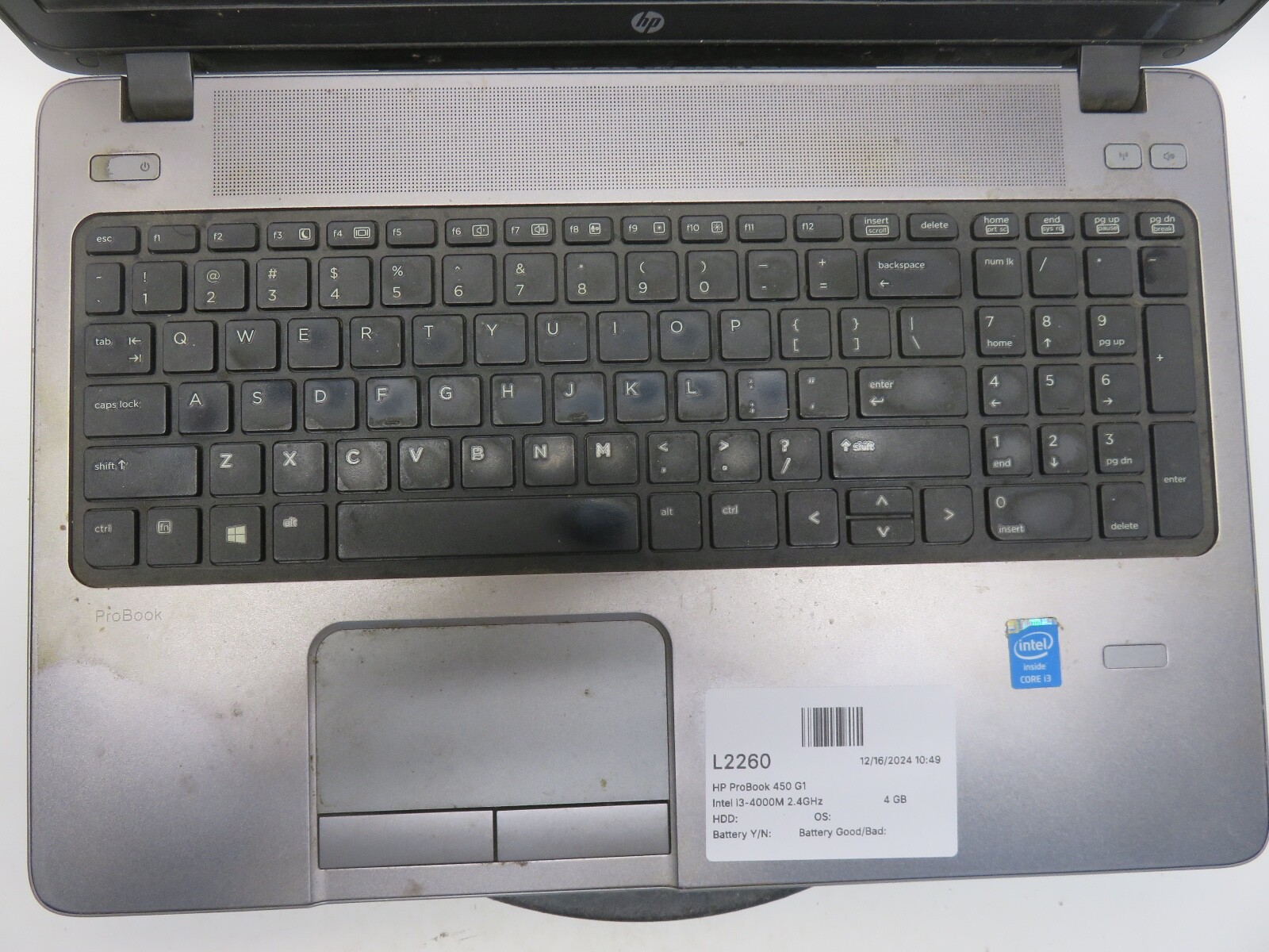 HP ProBook 450 G1 Intel i3-4000M 2.4GHz 4 GB NO HDD No Batt