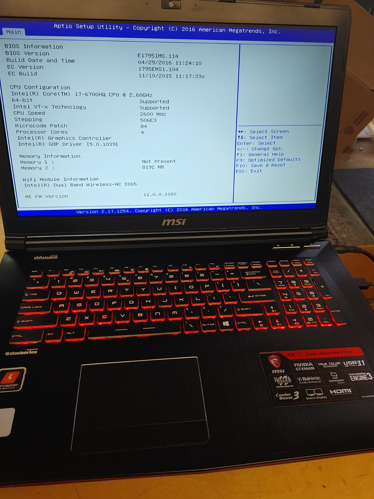 MSI GE72 6QD Apache Pro Core i7-6700HQ@2.60GHz, 8GB RAM , NO SSD FOR PARTS