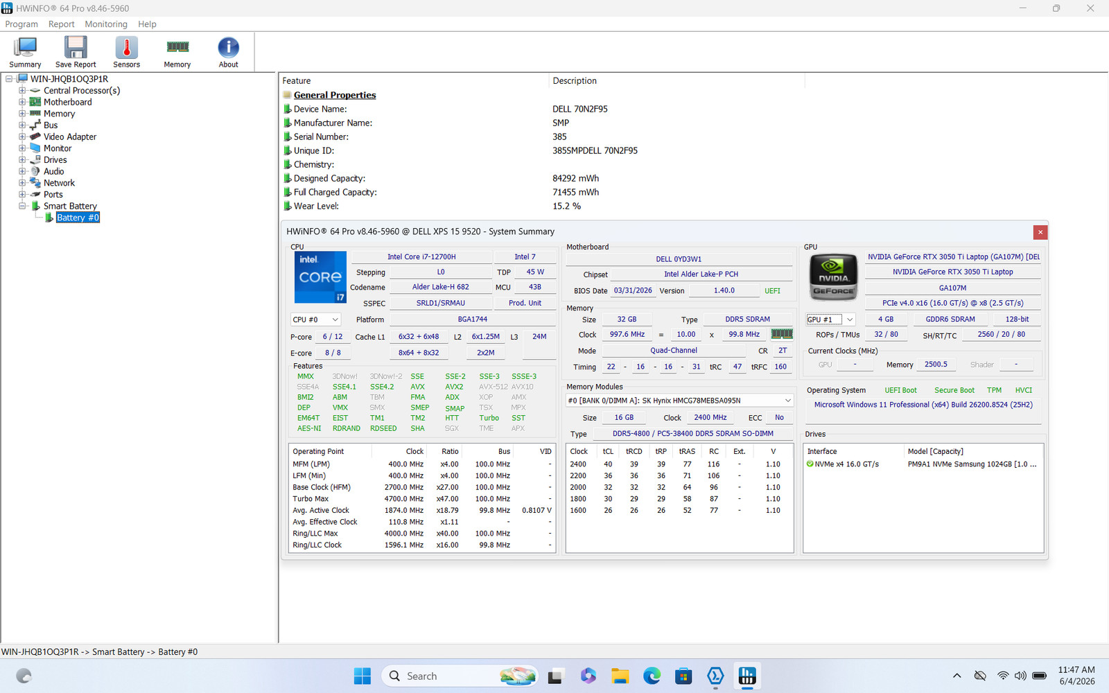 Dell XPS 15 9520 15.6″ FHD+ I7-12700H 1TB SSD 32GB W11P RTX 3050 Ti IRCam