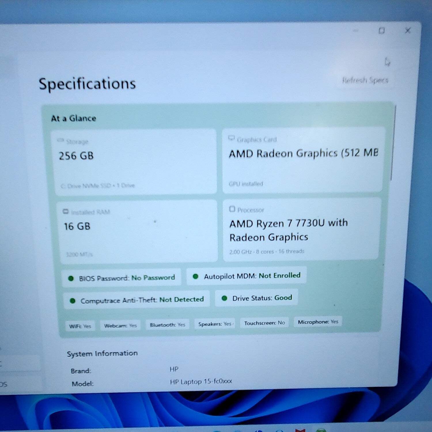 HP Pavilion 15-FC0077OD 15.6″ Ryzen 7 7730U 2.0GHz 16GB RAM 256GB SSD READ