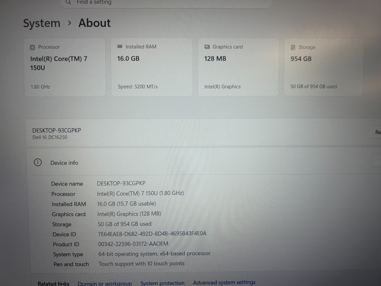 DELL 16 DC16250 MRYT3, Intel Core 7 150U, 1.80 GHz, 16 GB RAM, 1 TB NVMe SSD