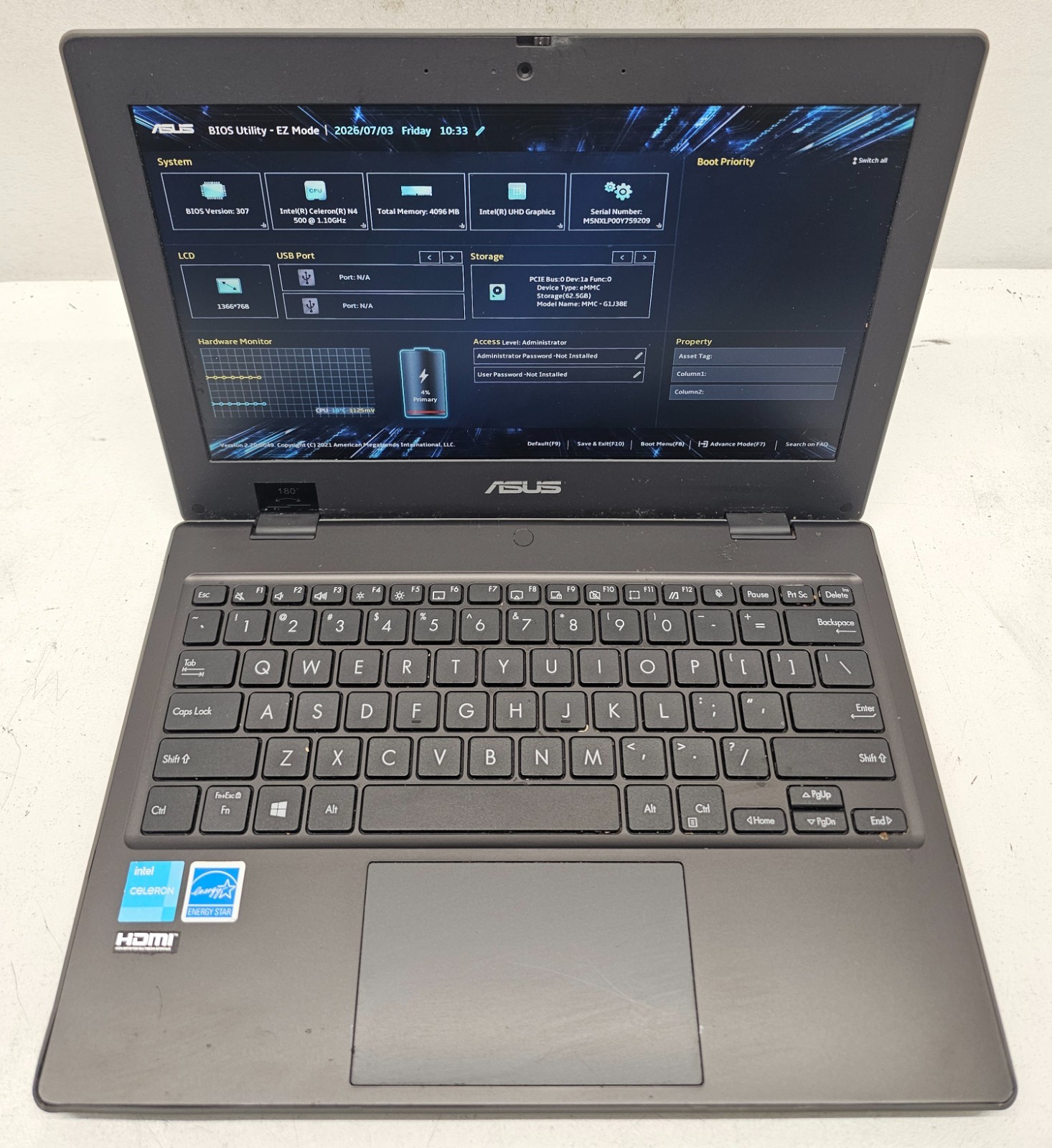 ASUS BR1100CK 11.6″ Laptop Intel N4500 4GB RAM 64GB eMMC NO OS (FL)