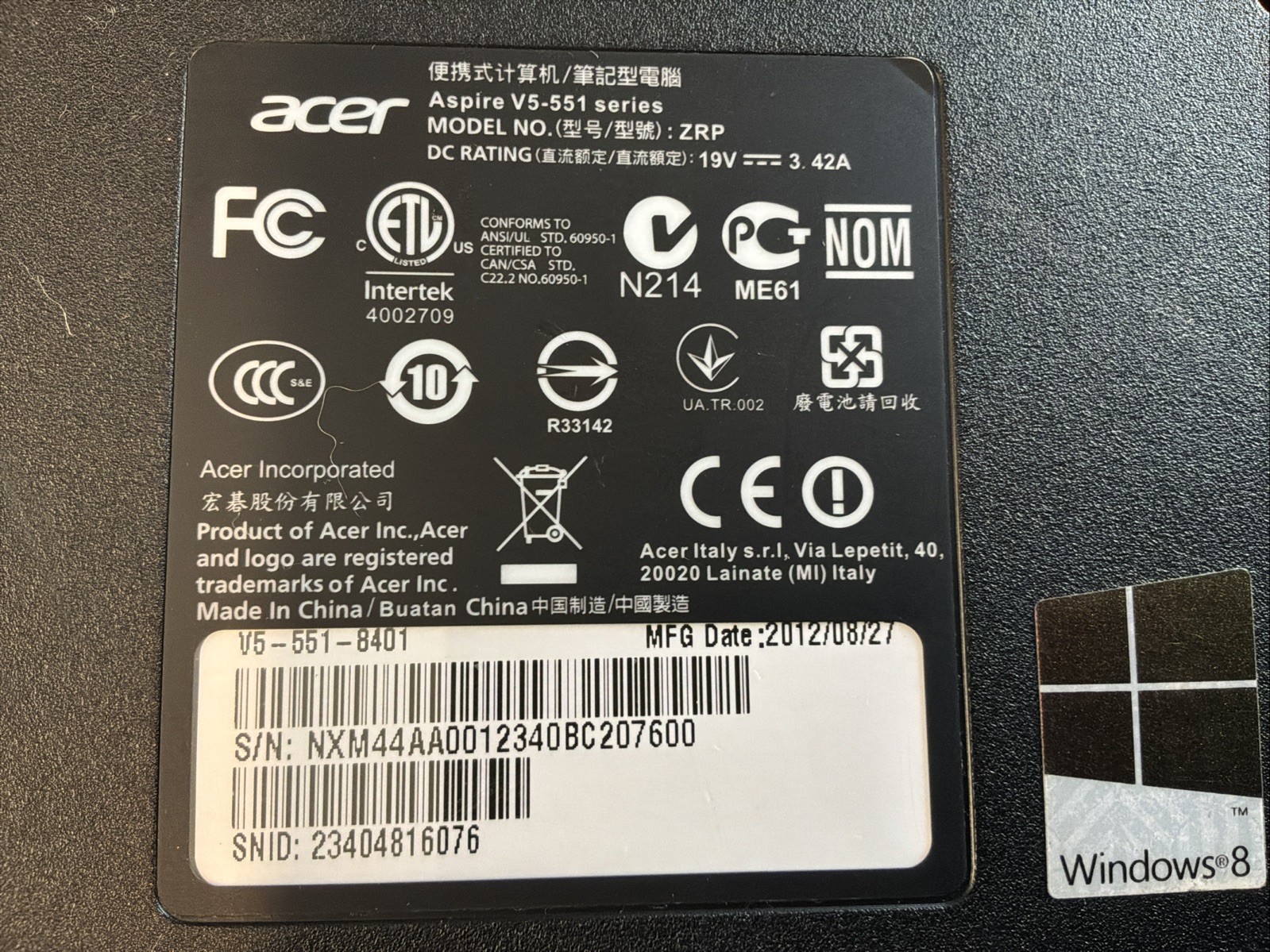 Acer Aspire V5-551-8401 15.6″ AMD A8 CPU Processor HDMI VGA Windows 8 WORKS!