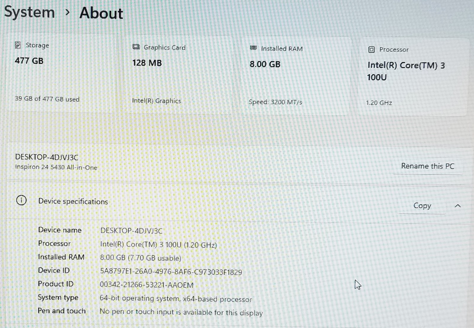 DELL INSPIRON 24 5430 I3-100U 8GB MEMORY, 512GB SSD