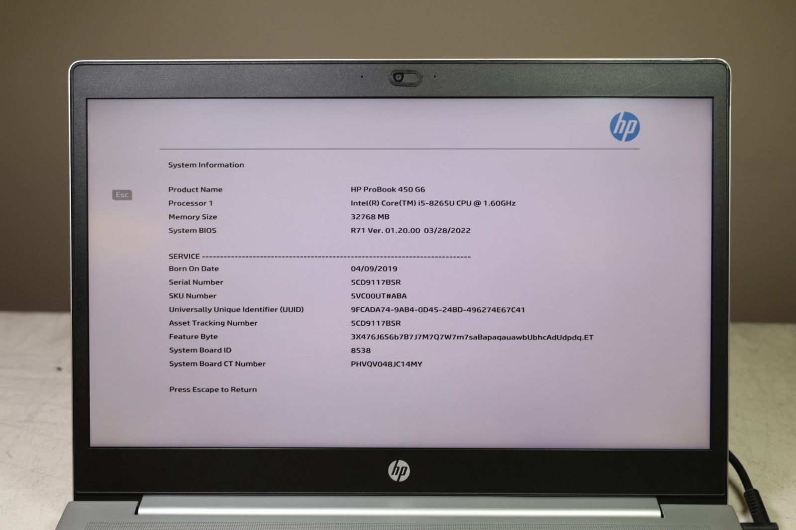 HP ProBook 450 G6, Inte Core i5-8265U CPU 1.60GHz- RAM 8 GB, 256GB NVMe- NO OS