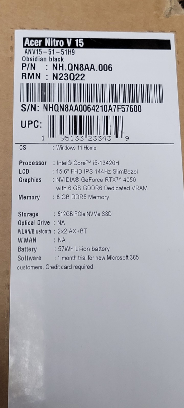 Acer Nitro V15 Laptop ANV15-51-51H9