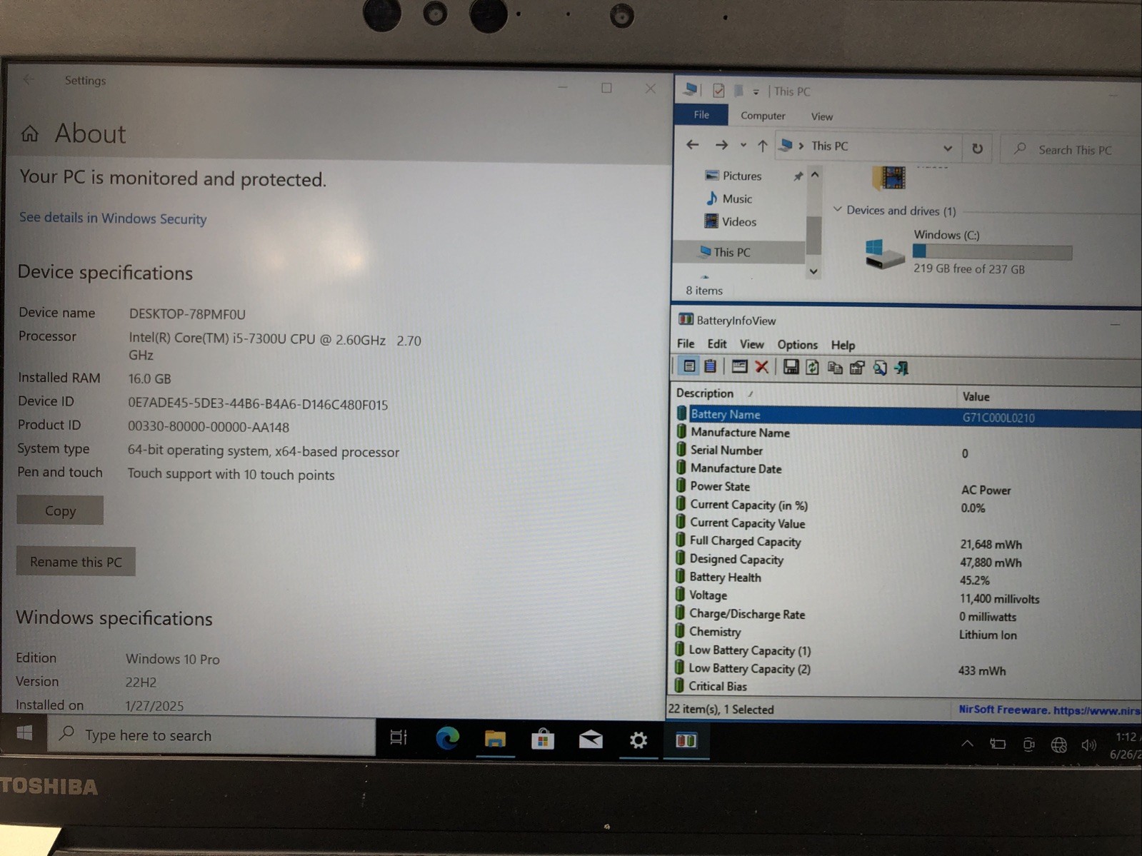 Toshiba Dynabook Tecra, Intel Core i5-7300U @2.60Ghz, 16GB RAM, 256GB SSD, W10P