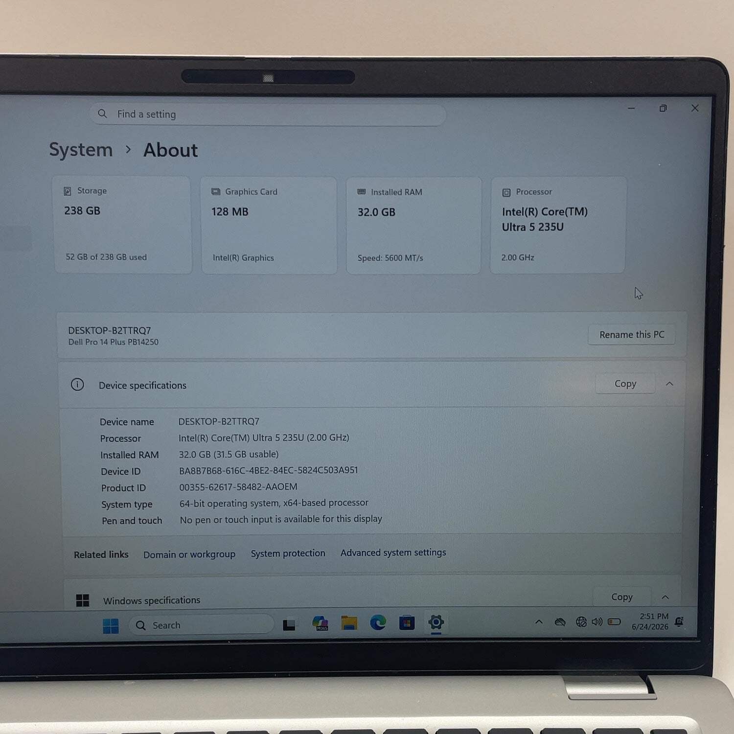 Dell Pro 14 Plus PB14250 14″ Core Ultra 5 235U 2.0GHz 32GB RAM 256GB SSD