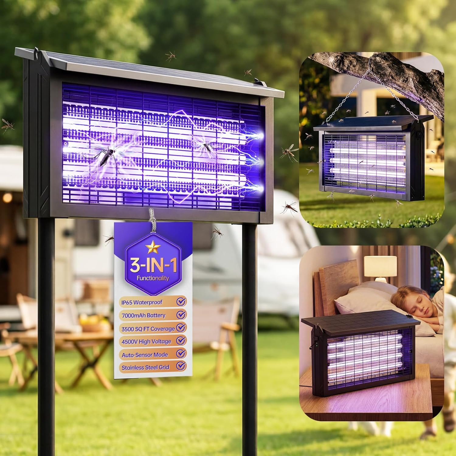 Solar Powered Mosquito Zapper, 4500V Outdoor Bug Zapper with 15W Solar Panel, Wa