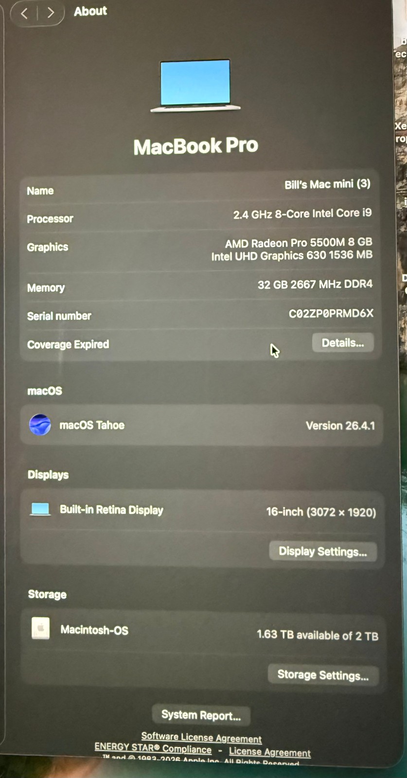 Apple MacBook Pro 2019 16″ Core i9 2.4 Ghz – 32GB – 2TB SSD Mac OS Tahoe 26.1