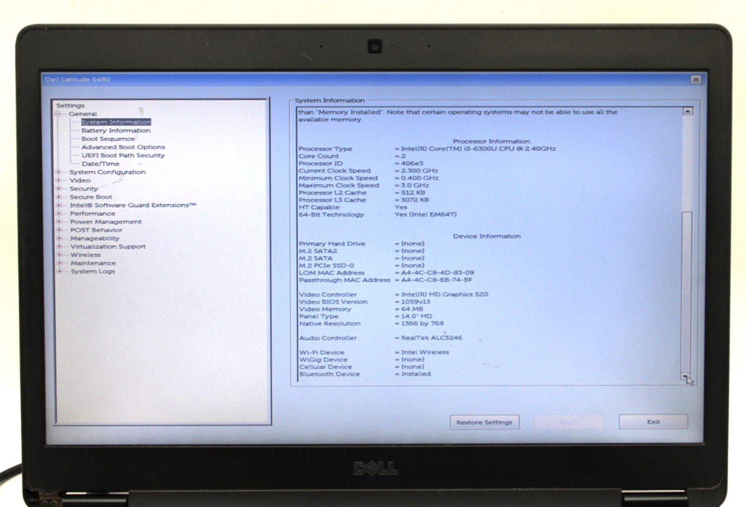 Dell Latitude 5480 i5-6300U@2.4GHz 8GB DDR4 NO STORAGE OR OS *USED/TESTED*