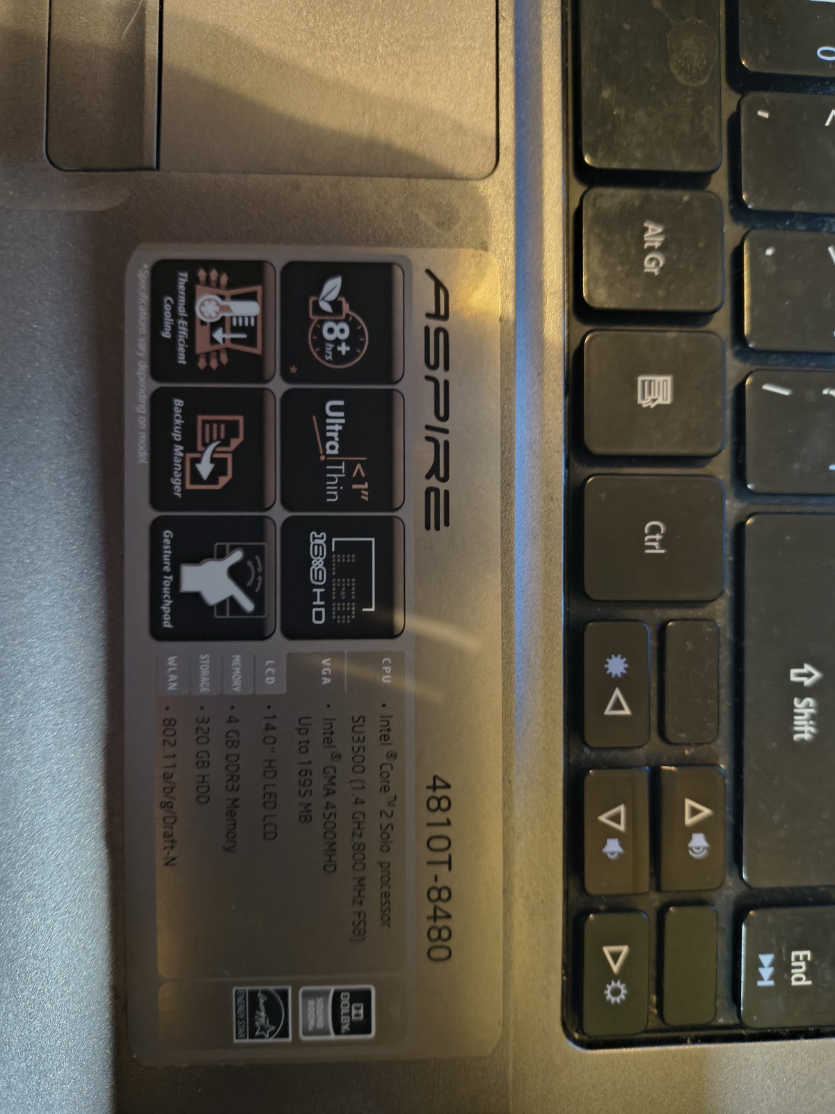 Acer Aspire 4810T Intel Core 2 Solo U3500 1.4GHz 4 GB 160GB Windows 10