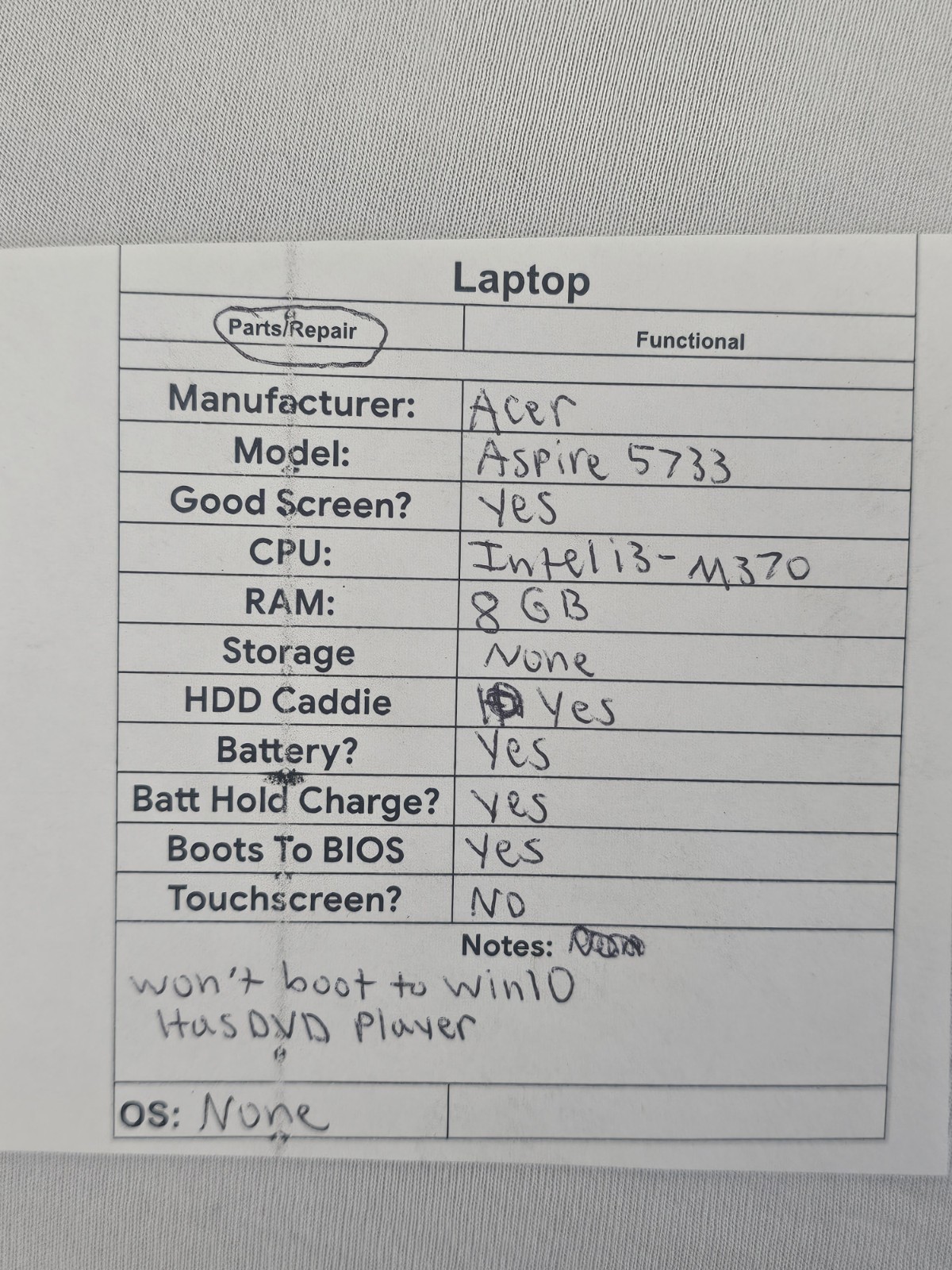 Acer Aspire 5733 Laptop – Intel i3-M370 – 8GB RAM – NO HDD/OS – Read Desc.