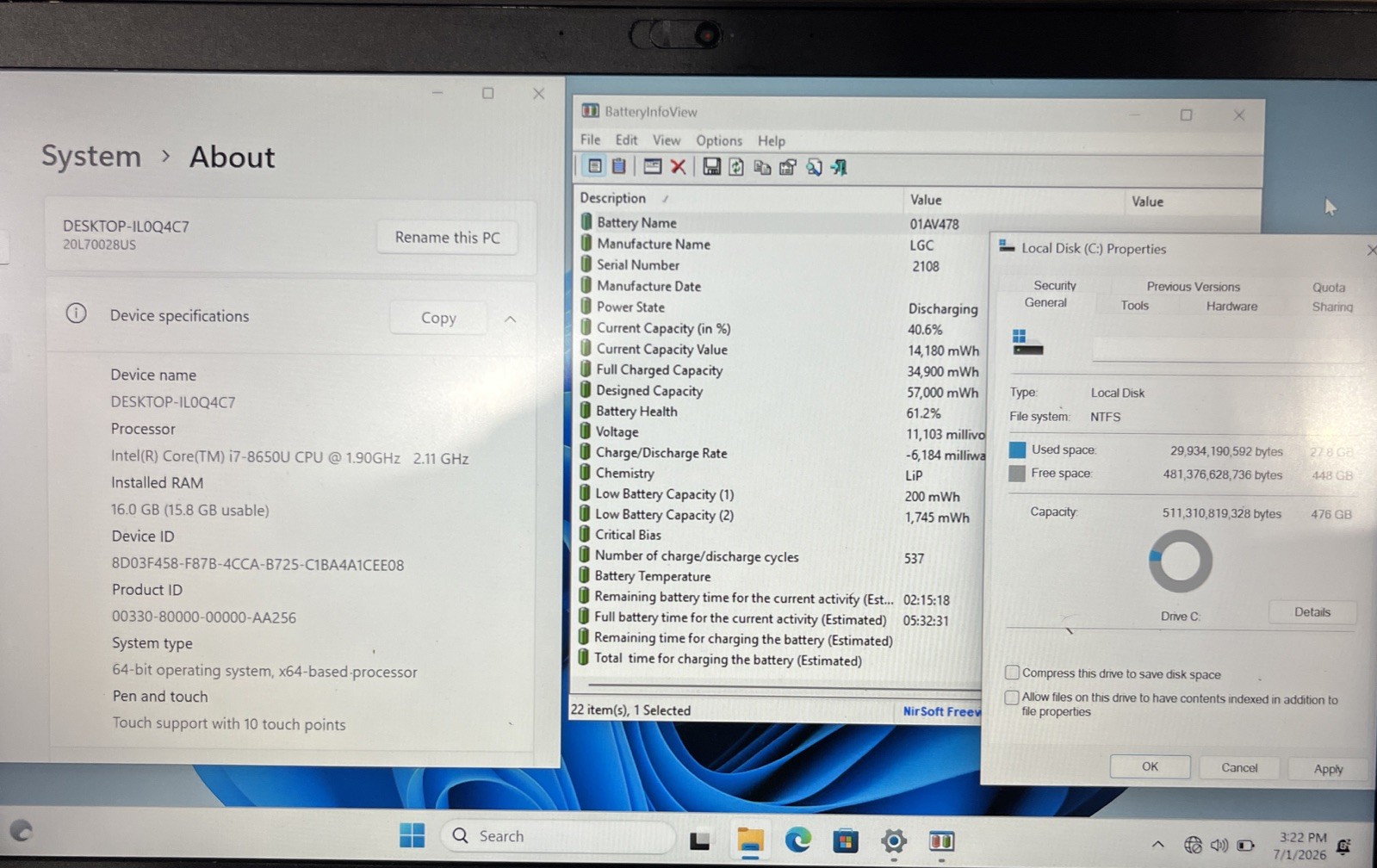 Lenovo ThinkPad t480s, Intel i7-8650 @1.90GHz, 16 GB RAM, 512 GB SSD, W11P