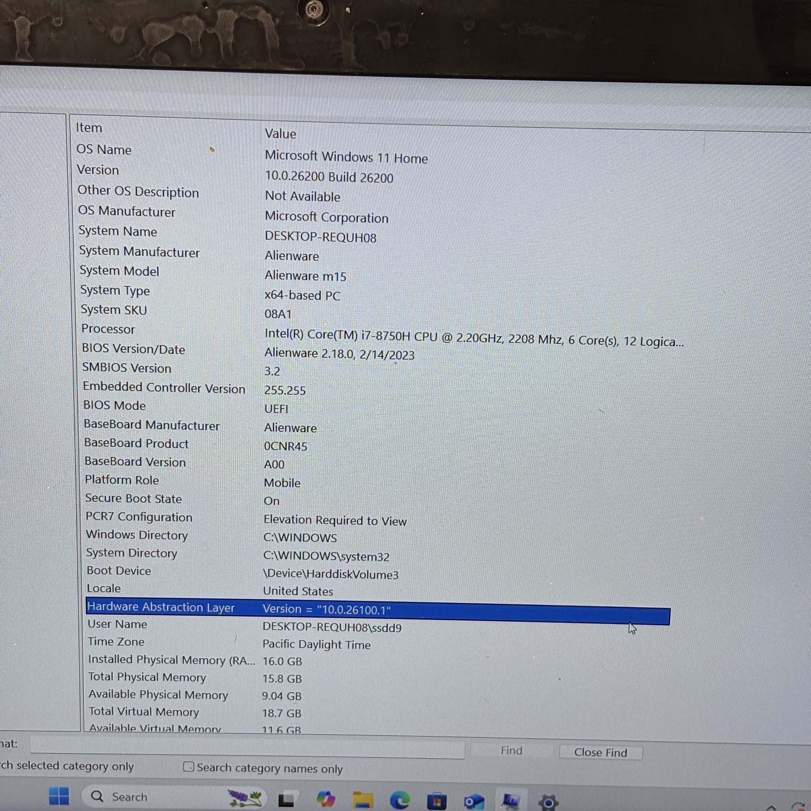 Alienware m15 P79F Intel Core i7-8750H 2.2GHz 16G RAM 128GB SSD 15.6″ Win11 Home