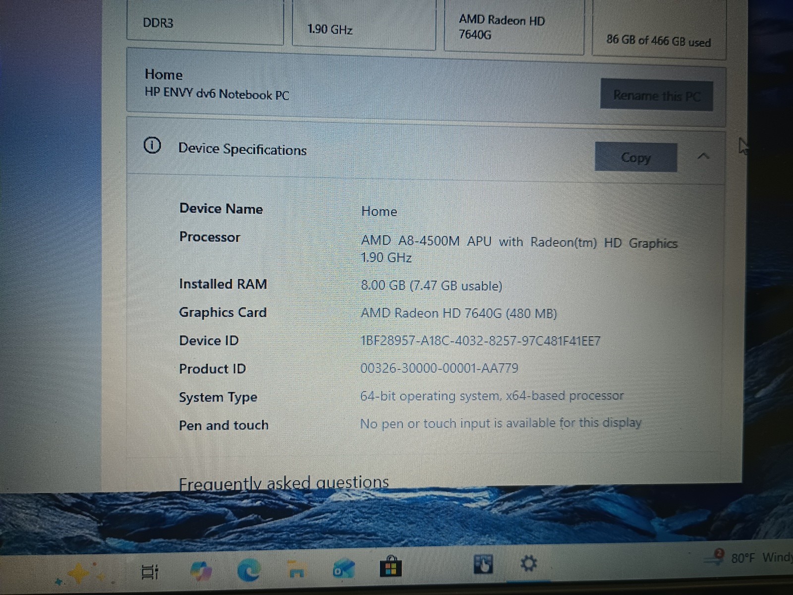 HP Envy DV6 AMD A8-4500M APU W/Radeon Graphics, 8GB RAM, 500Gb HDD Windows 10