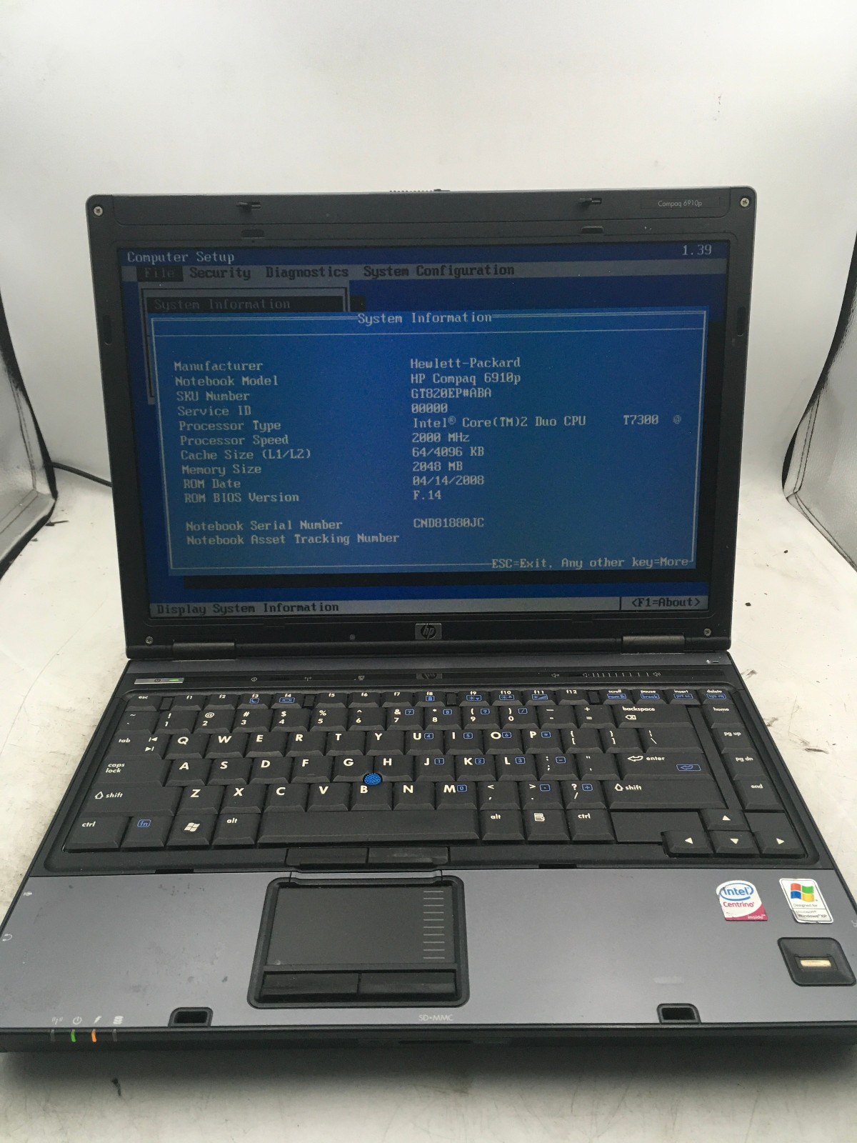 HP COMPAQ 6910P – BOOTS TO BIOS – INTEL T7300 – 2GB RAM – 14″ – READ DESC – BB