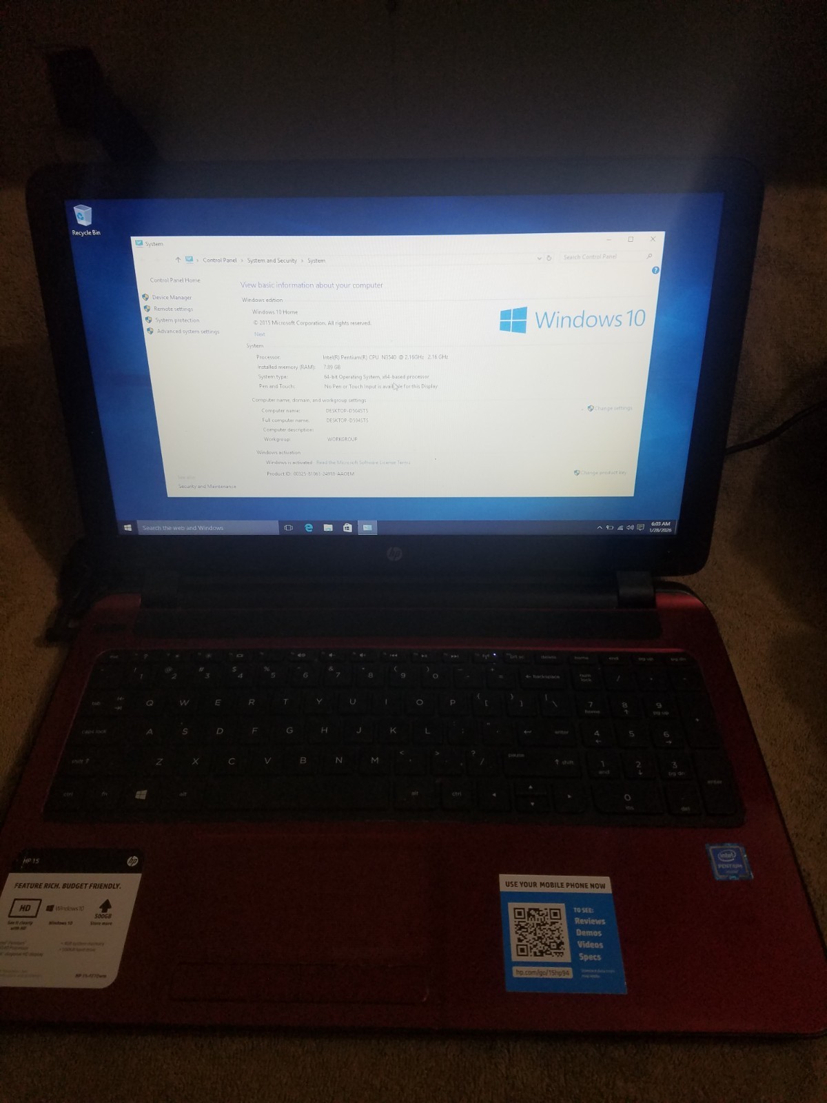 HP 15-f272wm 15.6 Laptop Intel Pentium N3540 8GB RAM 320GB HDD Windows 10
