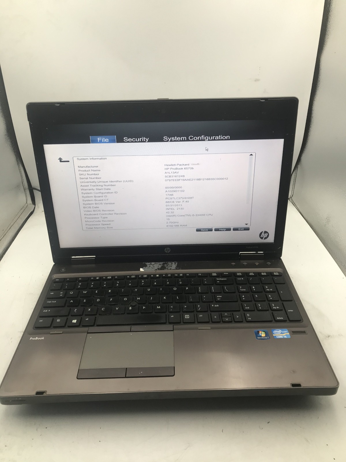 HP PROBOOK 6570B – BOOTS TO BIOS – INTEL I5 3340M – NO RAM – READ – BB