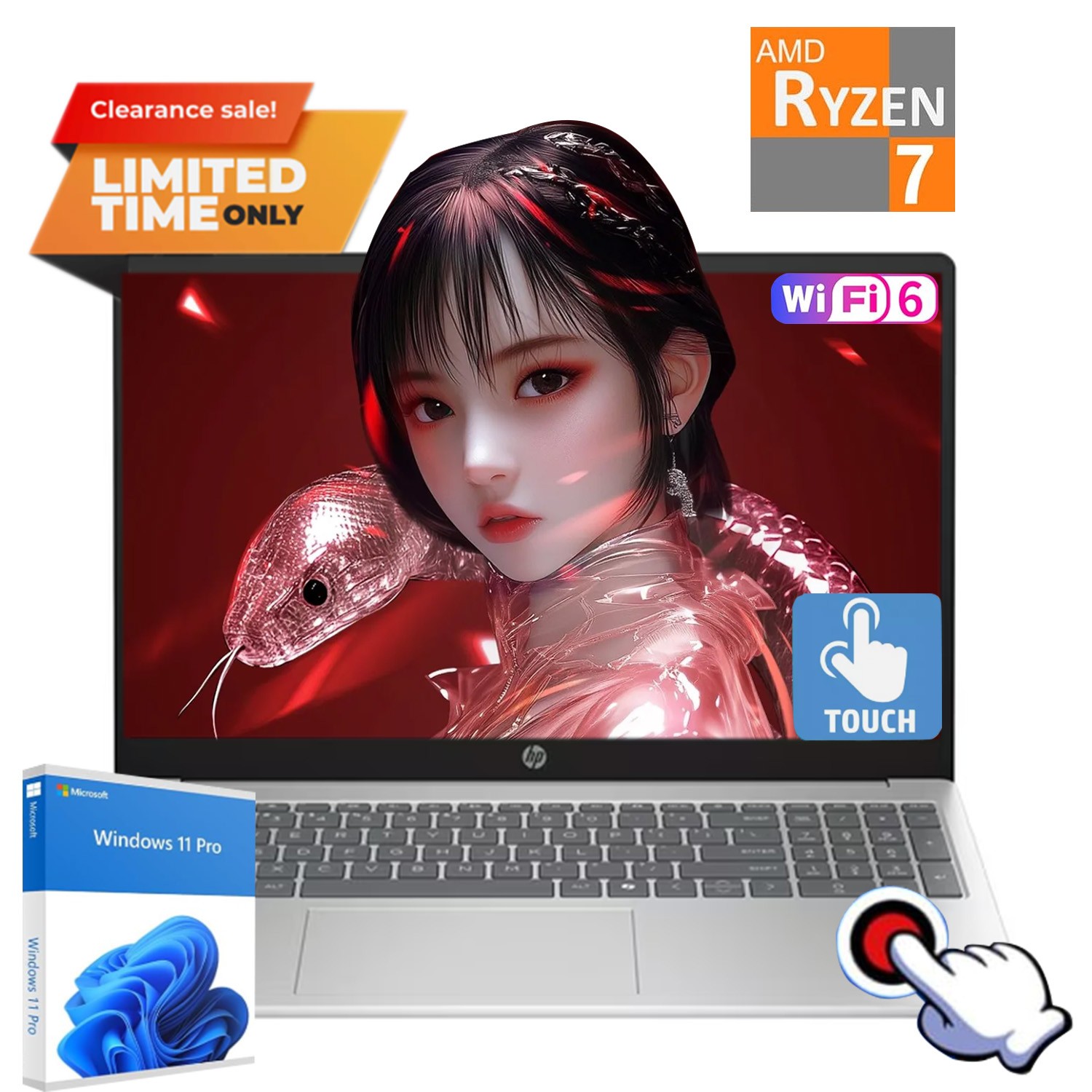 HP 15 15.6″Touch Laptop, AMD Ryzen 7 7730U 16GB 2TSSD Silver+Win11pro