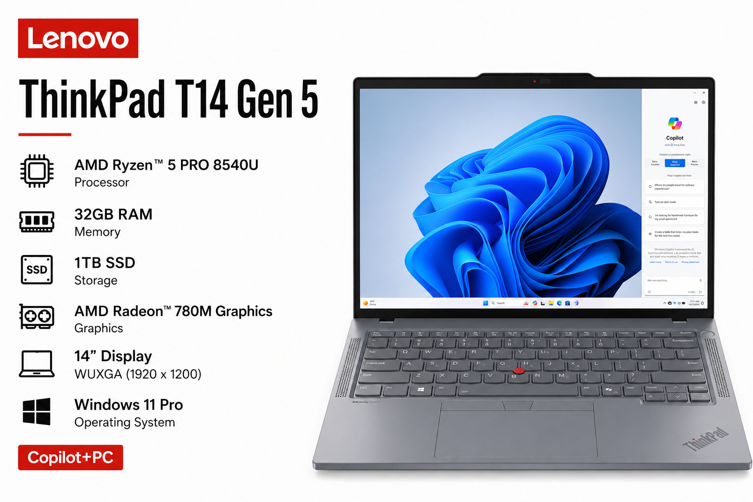 Lenovo ThinkPad T14 Gen 5 / 14” Copilot+PC / AMD Ryzen 5 PRO 8540U/32 GB / 1TB