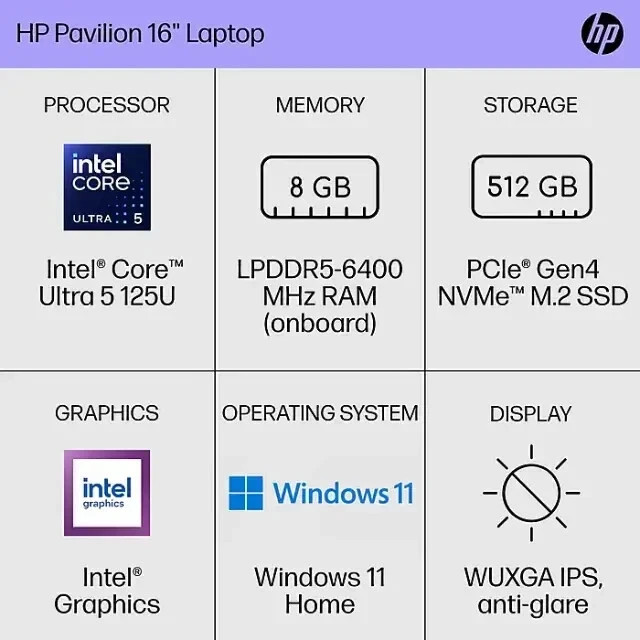 🔥NEW HP 16″ WUXGA AI Laptop, Intel Ultra 5-125U, 8GB RAM, 512GB SSD, Backlit KB