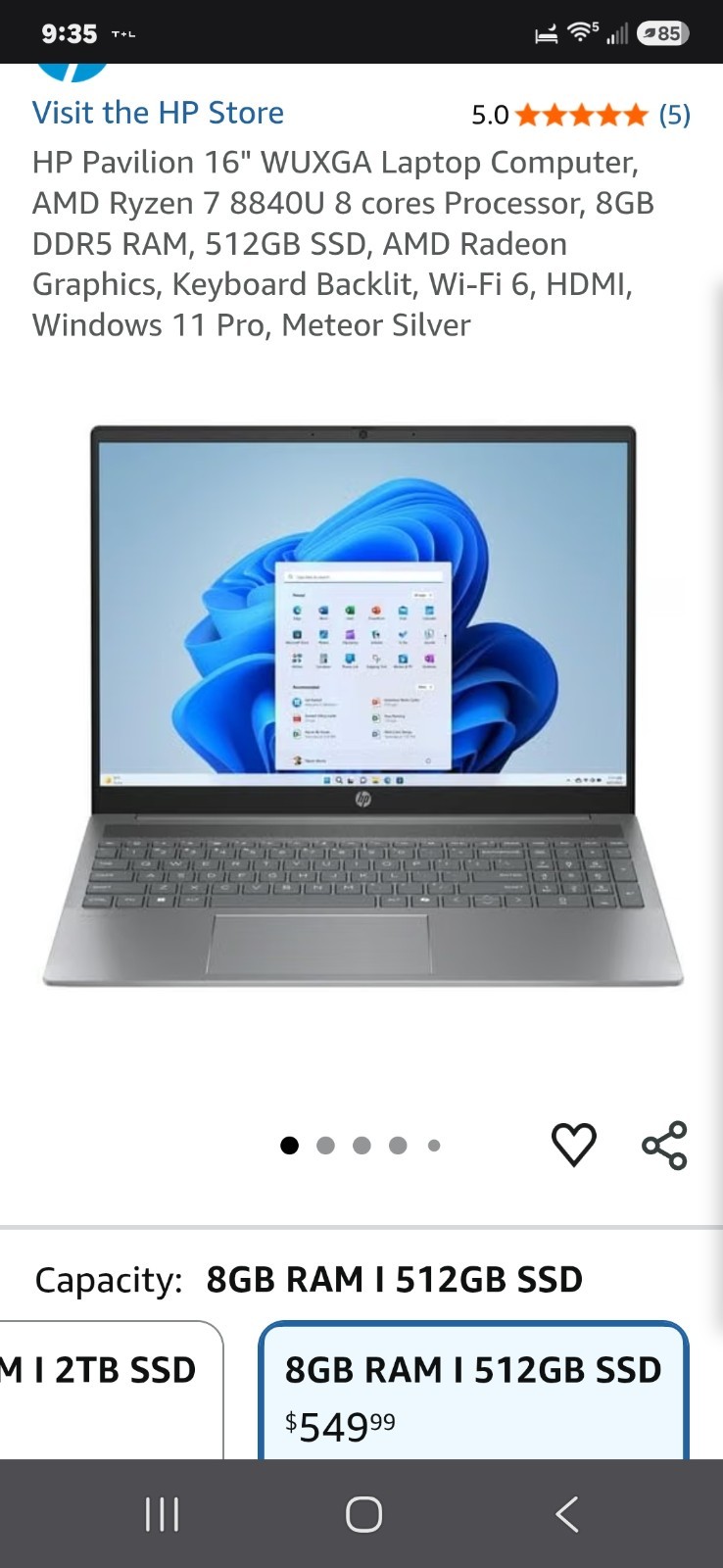 New HP Pavillion 16 Inch Laptop Meteor Silver Rhyzen 5 Backlit Keyboard
