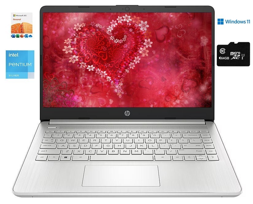 HP 14″ HD Laptop, Intel 4-Core Pentium, 8GB RAM, 128GB (64+64), Win 11, MS 365