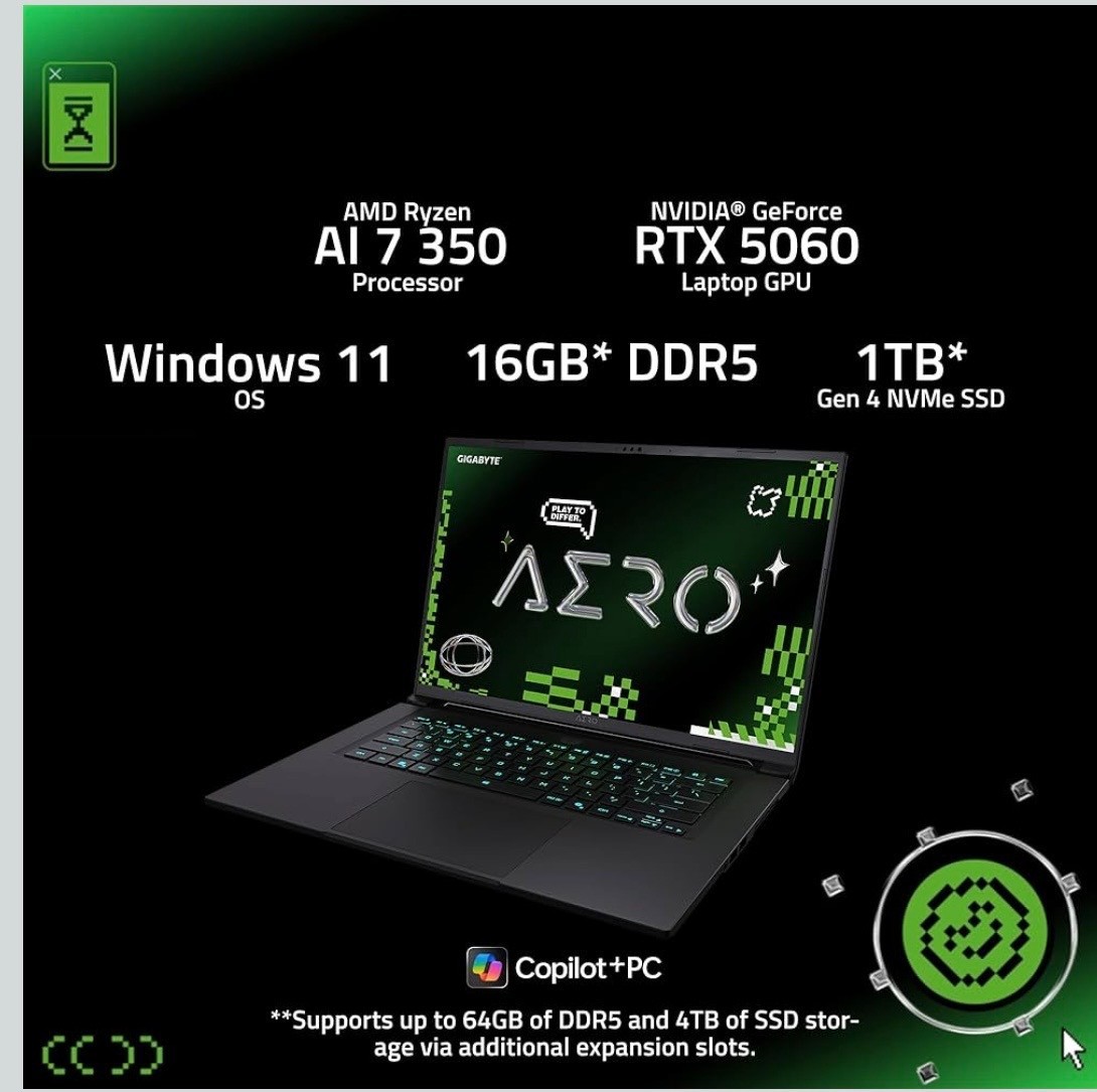 GIGABYTE – AERO X16 – Copilot+ PC – 16″ 2560×1600 WQXGA AMD Ryzen Al 7 350