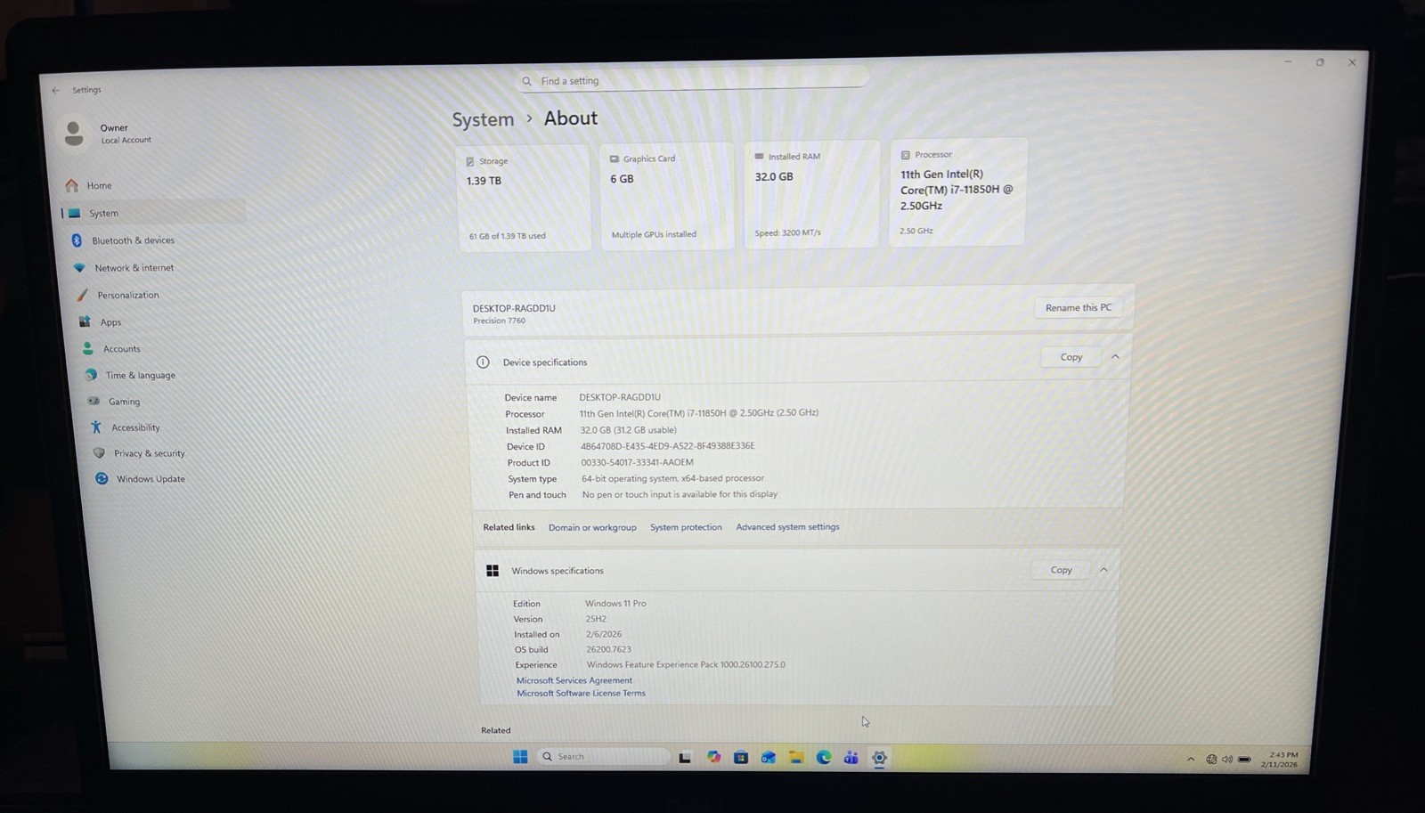 Dell Precision 7760 17.3″ i7-11850H@2.5GHz, 32GB, 500GB (Boot) + 1 TB (Storage)