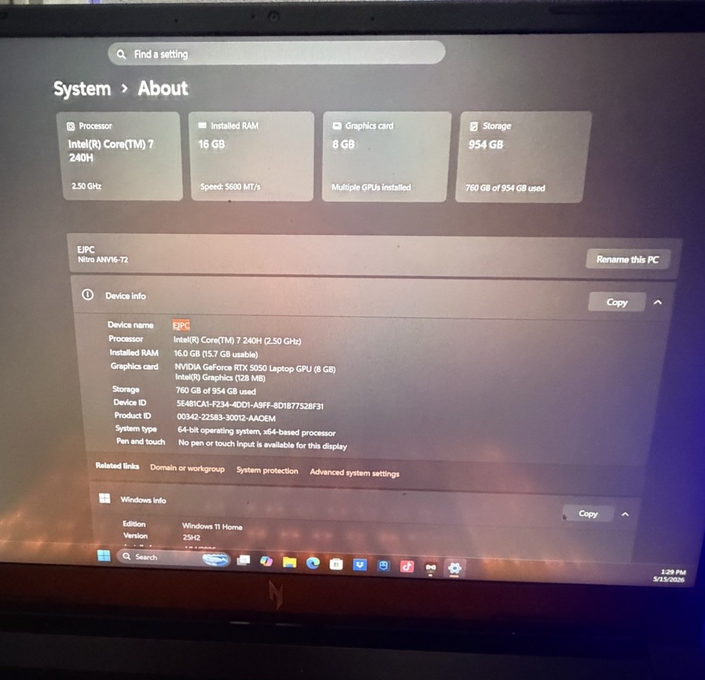 Acer Nitro V 16 16″ i7 2.50GHz 16GB 954GB SSD RTX 3050 W11H Black