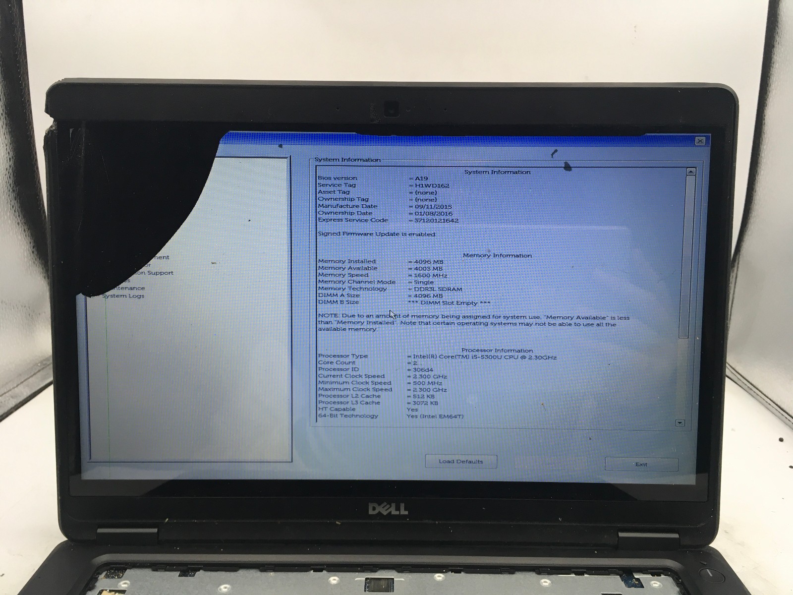 DELL LATITUDE E7450 – BOOTS TO BIOS/BAD LCD – INTEL I5 5300U – NO RAM – READ -BB