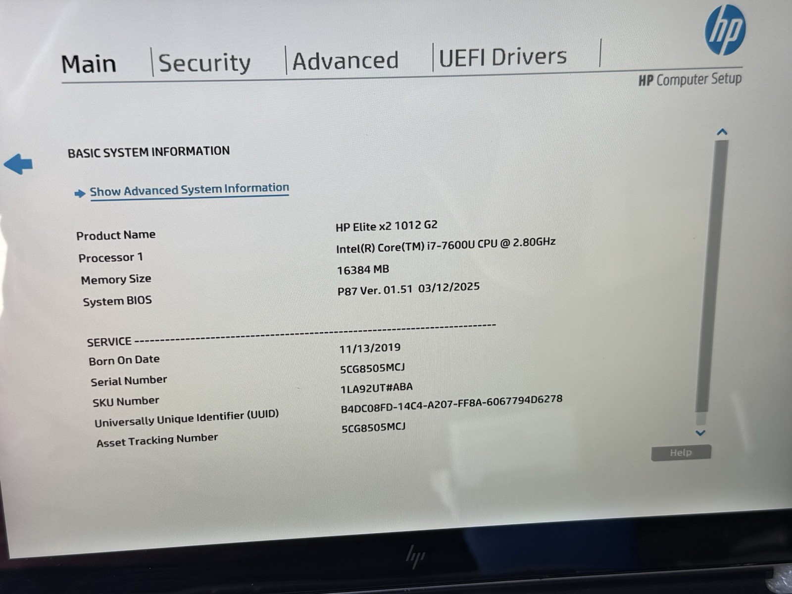HP Elite X2 1012 G2 12.3″ i7-7600U 2.80GHz 16GB RAM (No SSD OS) w/Keyboard & PS