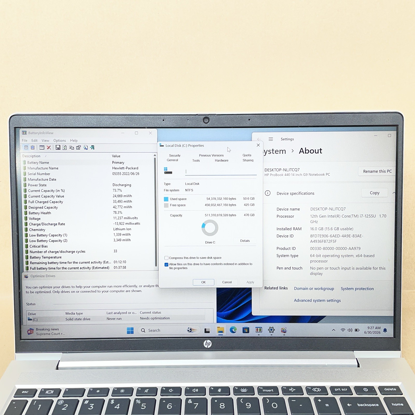 HP ProBook 440 G9 14″ i7-1255U @1.70GHz 16GB RAM 512GB SSD Win 11 Pro